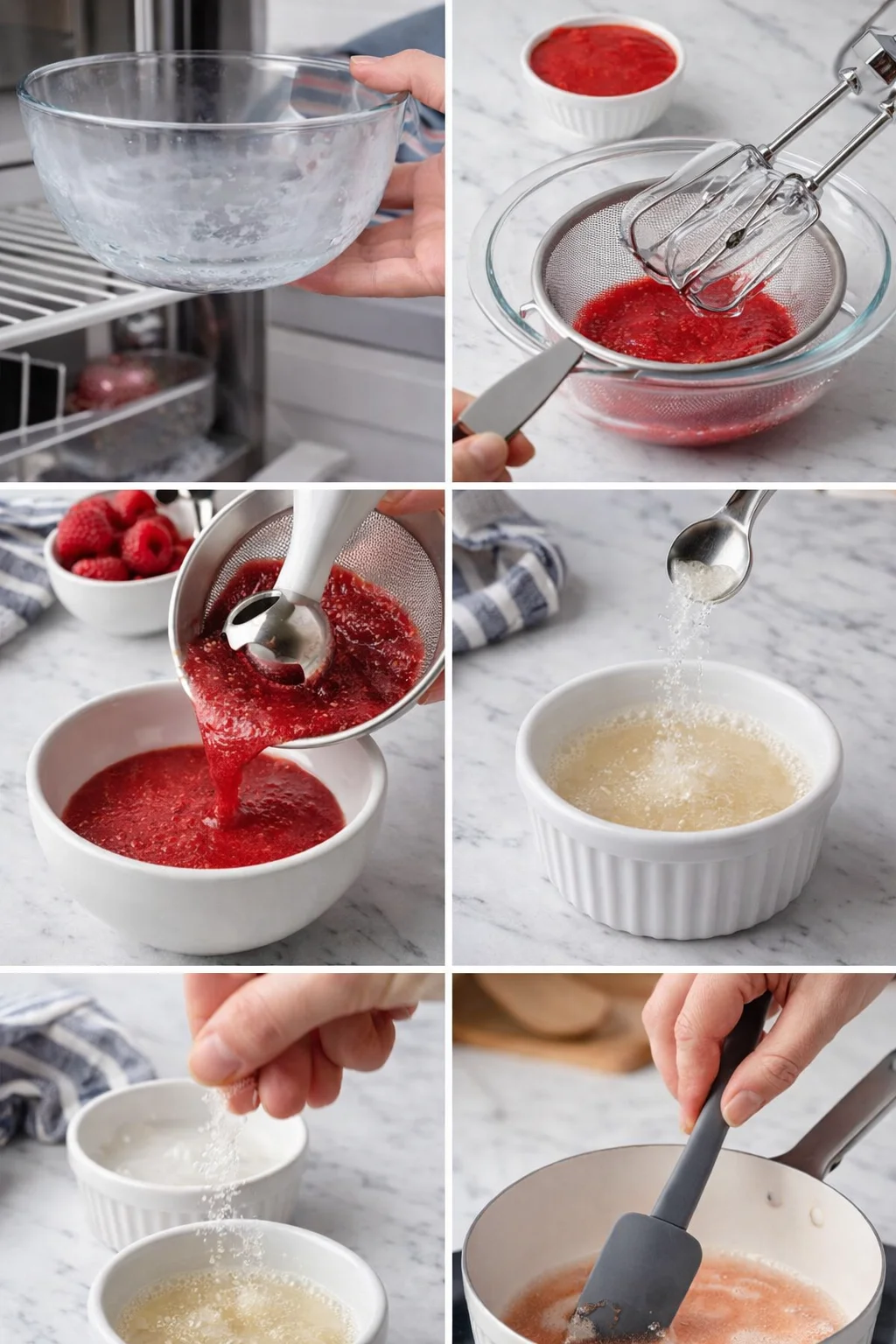 Eight-panel kitchen collage showing raspberries, a sieve, and a pan to make raspberry sauce.