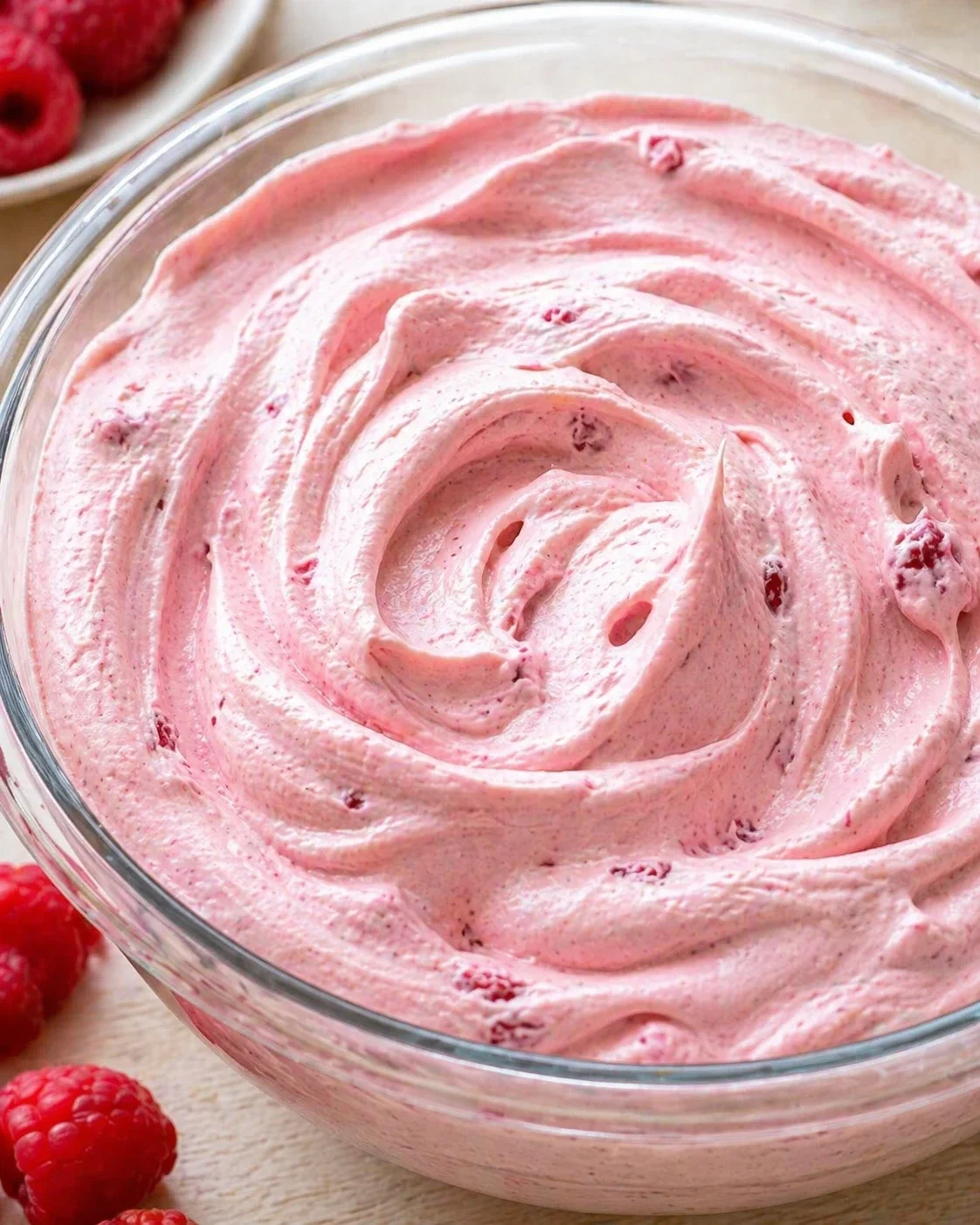 glass bowl of pink raspberry whipped cream with berry specks and fresh raspberries nearby