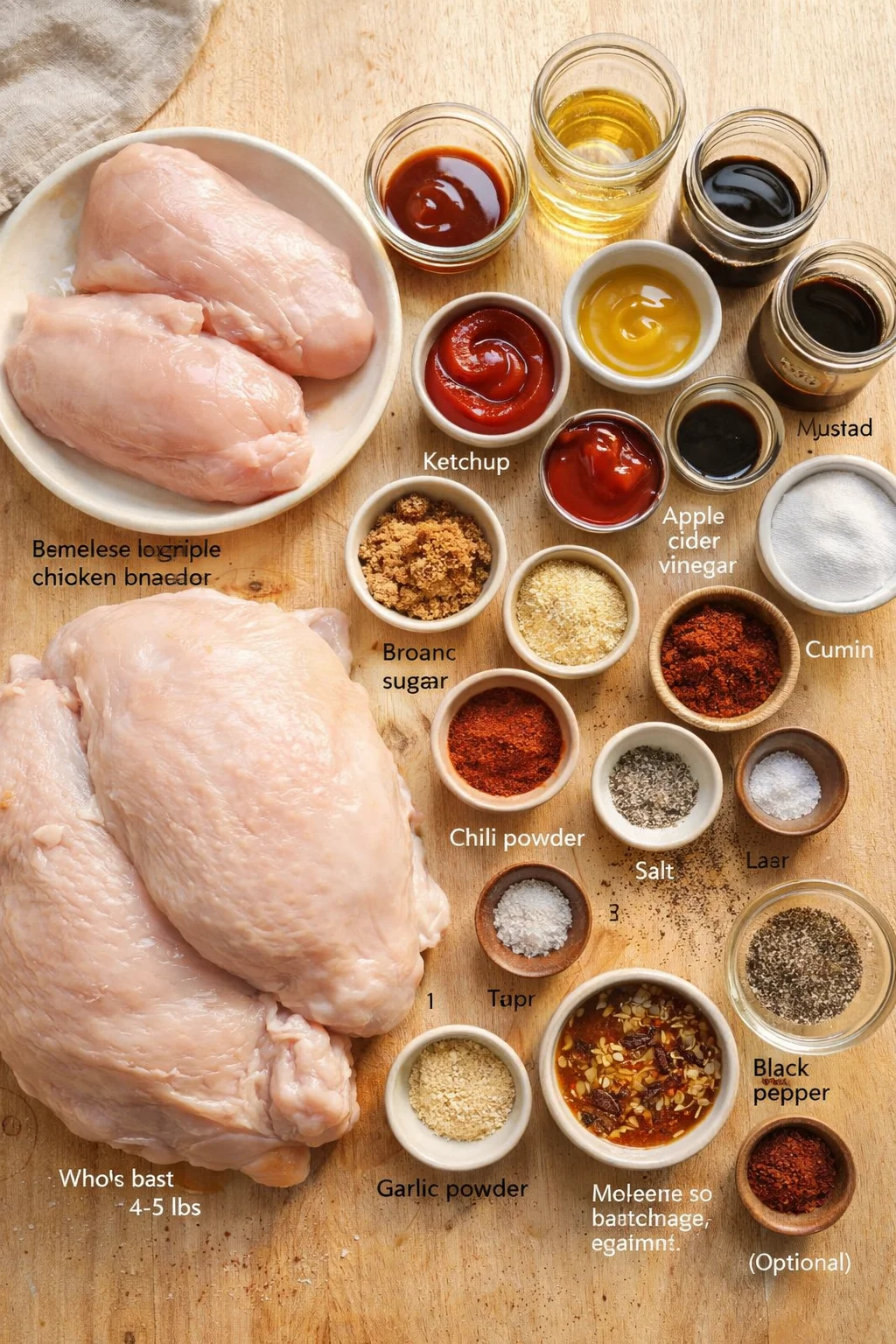 Two raw chicken pieces on a wooden board surrounded by bowls of sauces and spices.