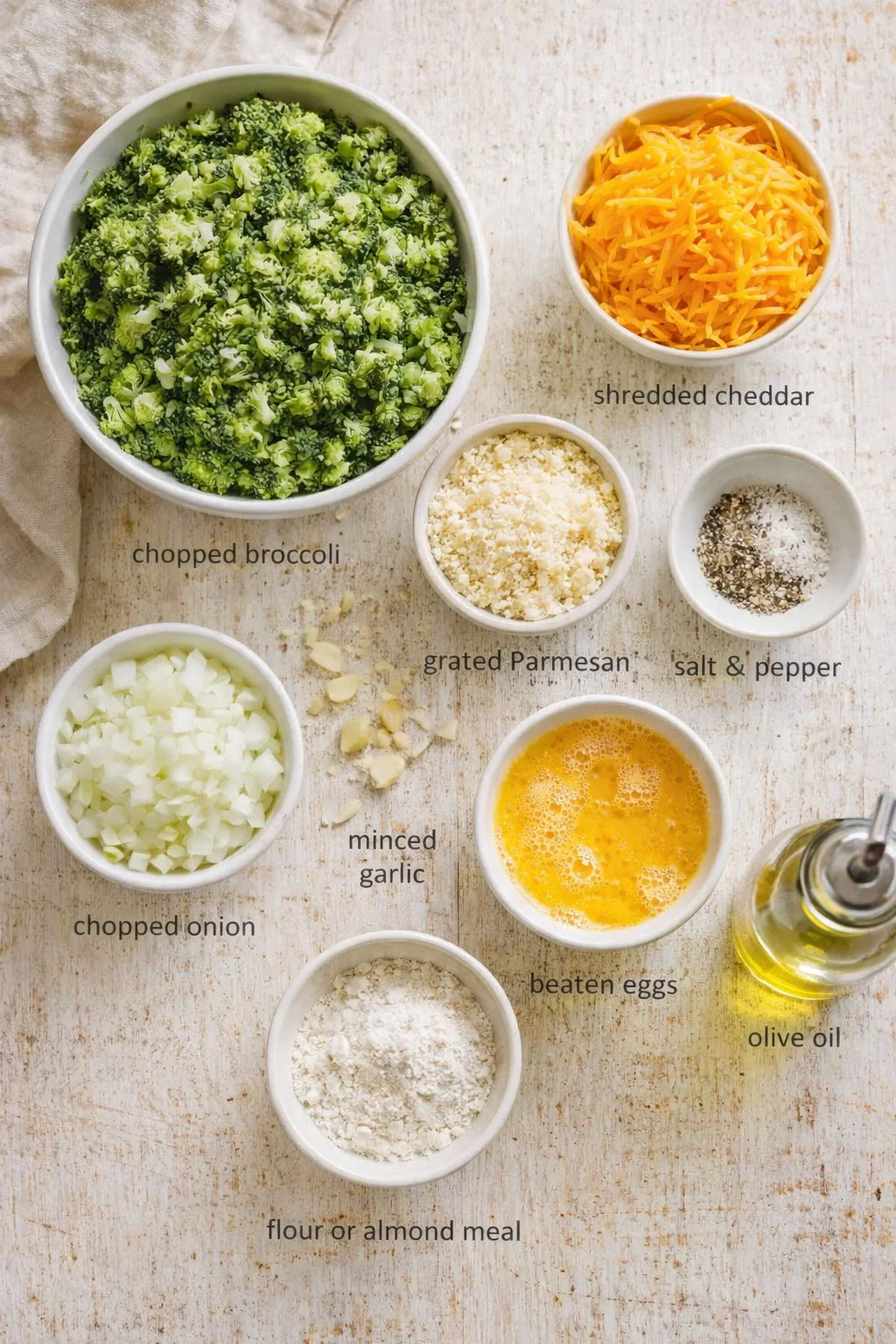 Overhead view of bowls with chopped broccoli, shredded cheddar, Parmesan, onions, garlic, eggs, flour, and olive oil.