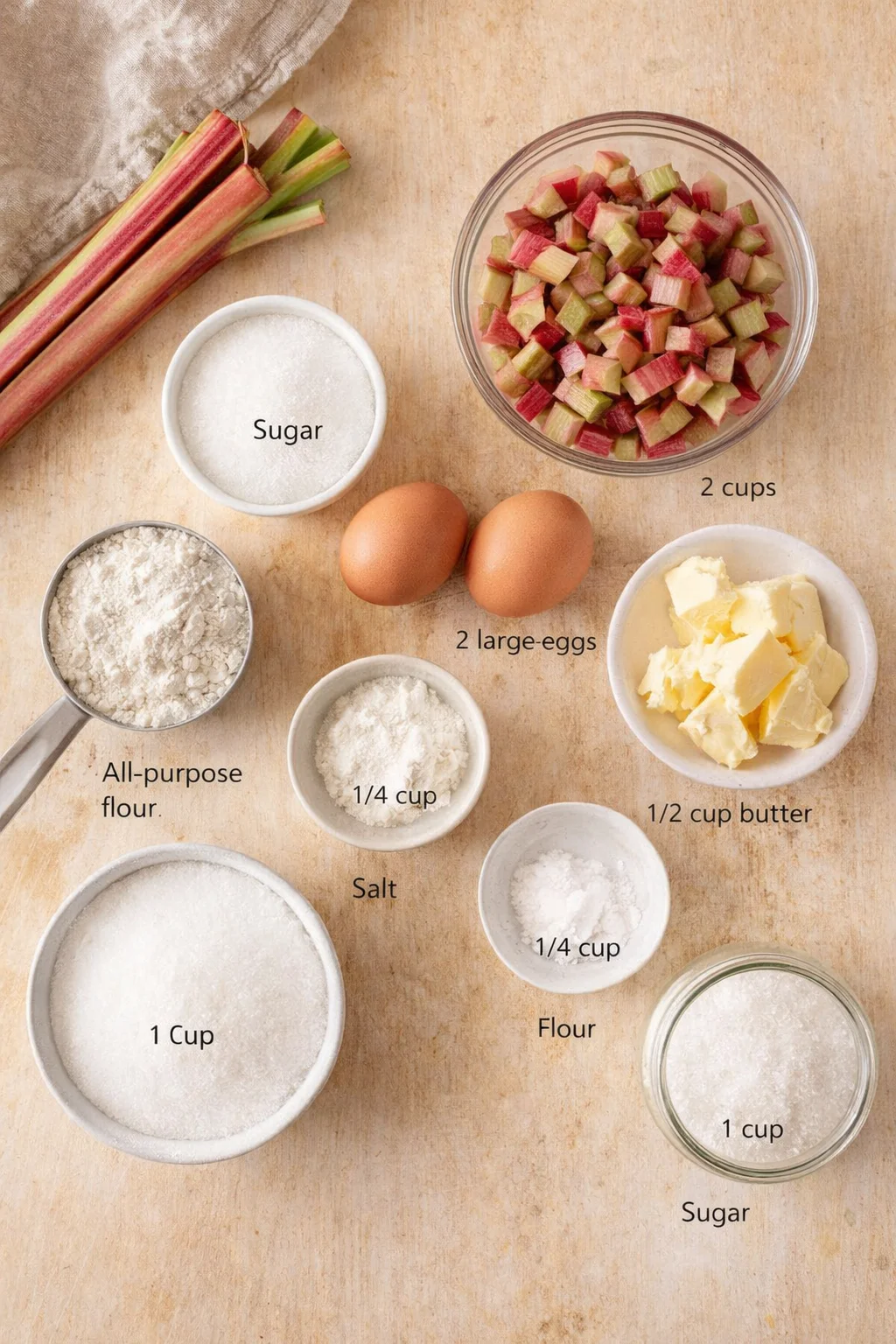 Overhead view of baking ingredients on a wooden table: rhubarb, sugar, eggs, flour, salt, and butter