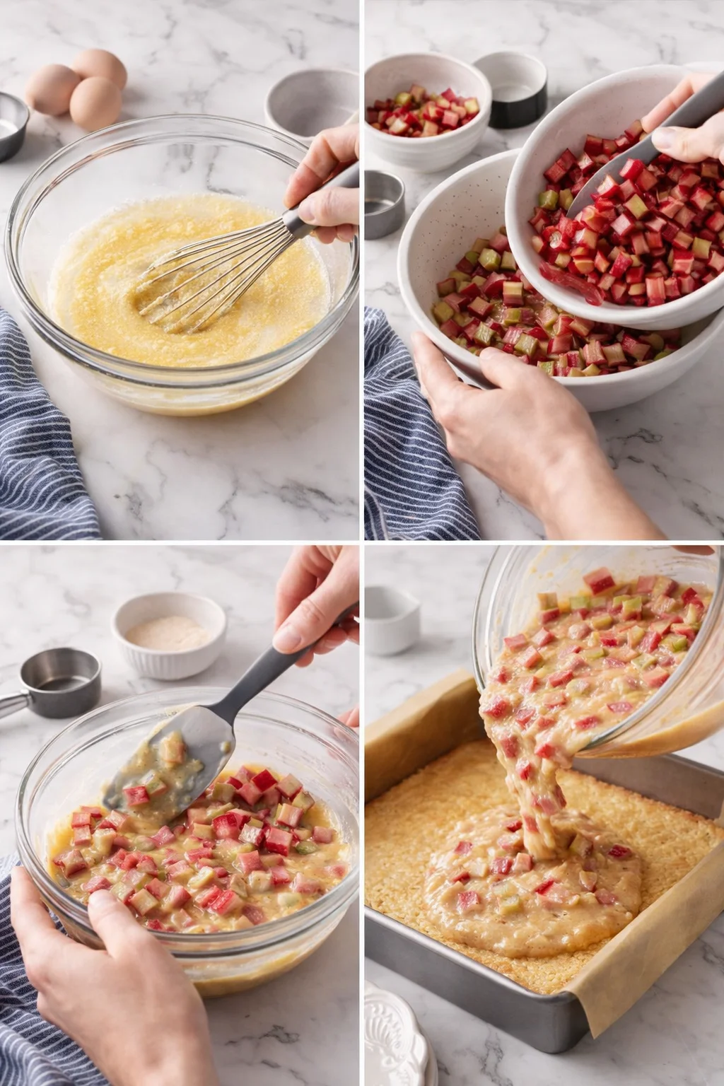 Four-panel collage showing whisked batter, diced rhubarb, folding with a spatula, and batter poured into a baking pan