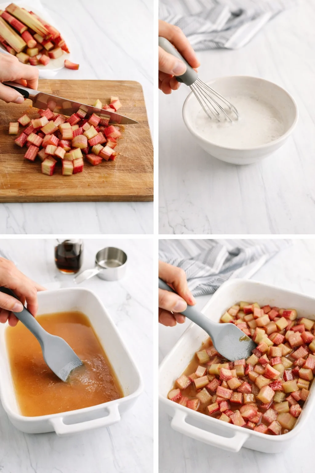 Four-panel collage: chopped rhubarb on cutting board, whisking white sauce, and rhubarb cooking in a baking dish.
