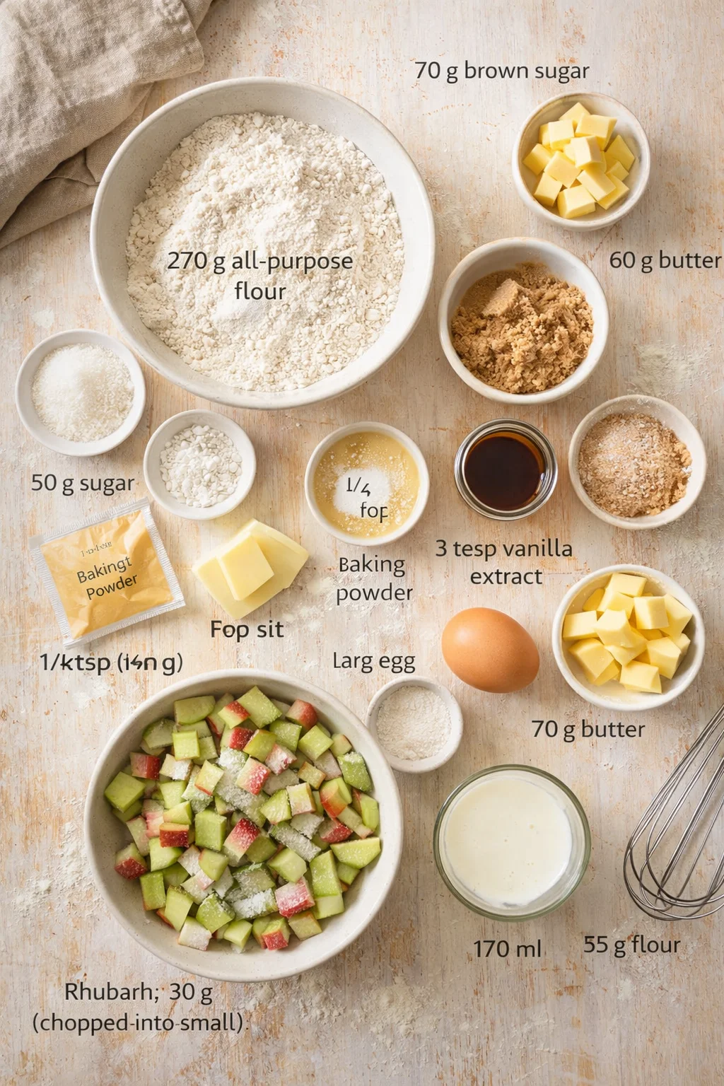 top-down view of a kitchen counter with labeled baking ingredients and chopped rhubarb