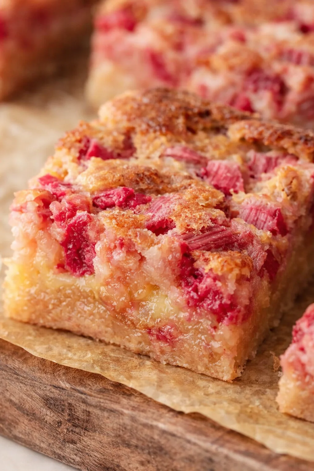 Close-up of rhubarb-streusel bars on parchment atop a wooden board.