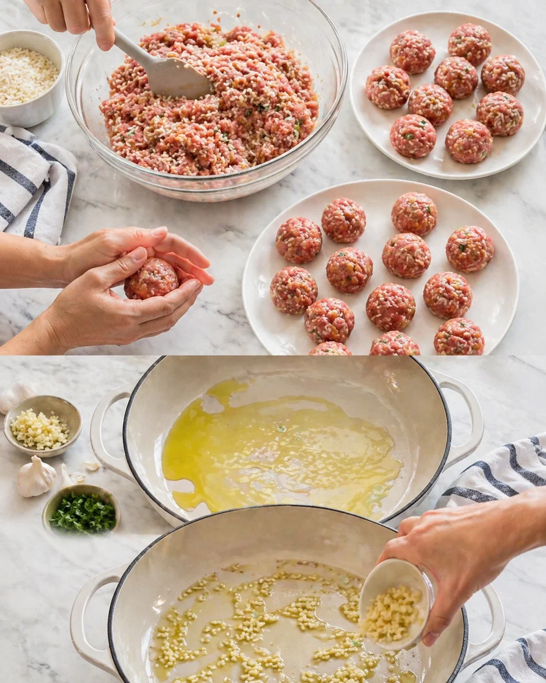 Hands shaping rice-studded meatballs in a glass bowl on a marble countertop.