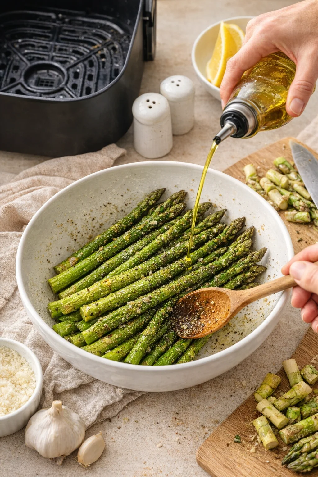 Fresh asparagus spears in a white bowl with olive oil being poured over them during prep.