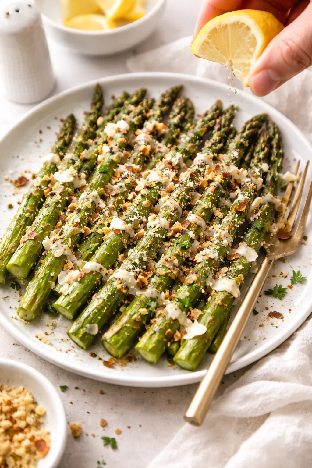 green roasted asparagus on a white plate, topped with nuts and crumbled cheese, lemon squeezed above