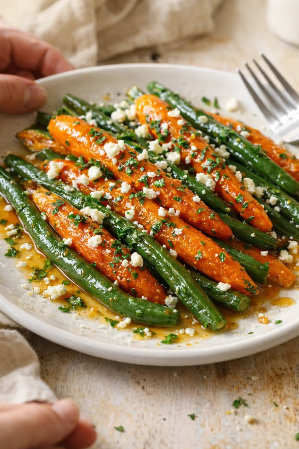 white plate with orange-glazed carrots and emerald green beans topped with feta and parsley.