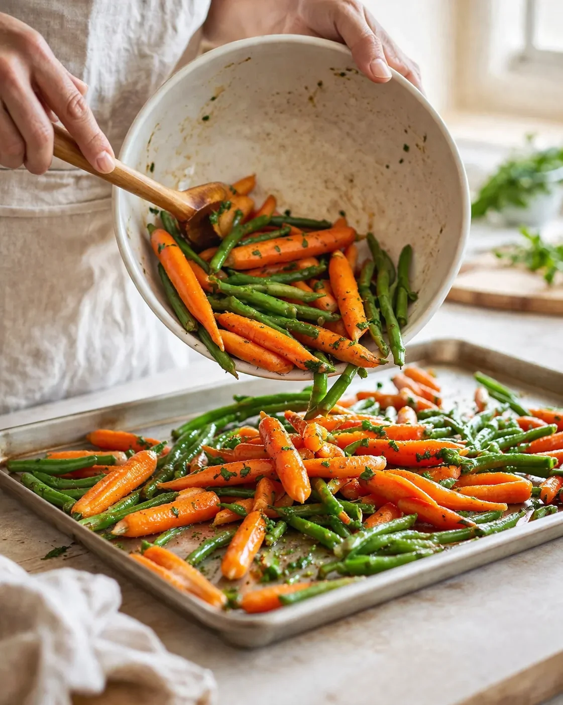 Hands pouring roasted carrots and green beans from a bowl onto a baking sheet.