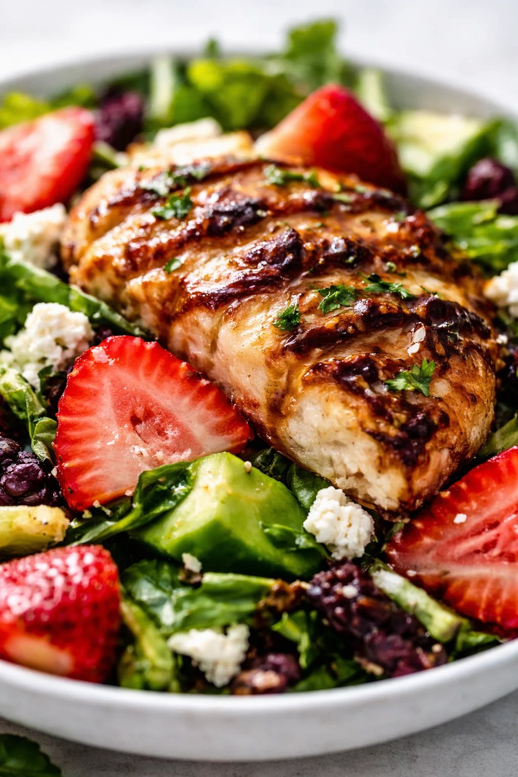 roasted chicken atop mixed greens with strawberries, avocado and feta