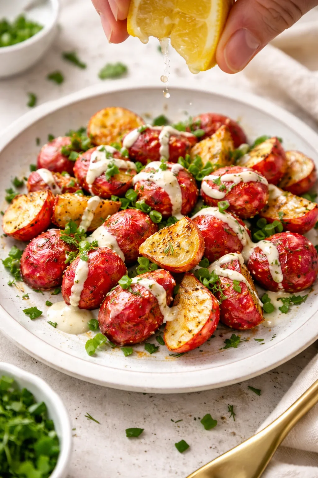 halved roasted red potatoes on a plate, topped with herbs and creamy lemon sauce