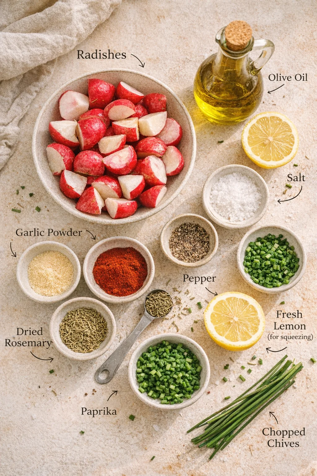 Overhead view of radishes with olive oil, lemon, and spices arranged on a beige surface.