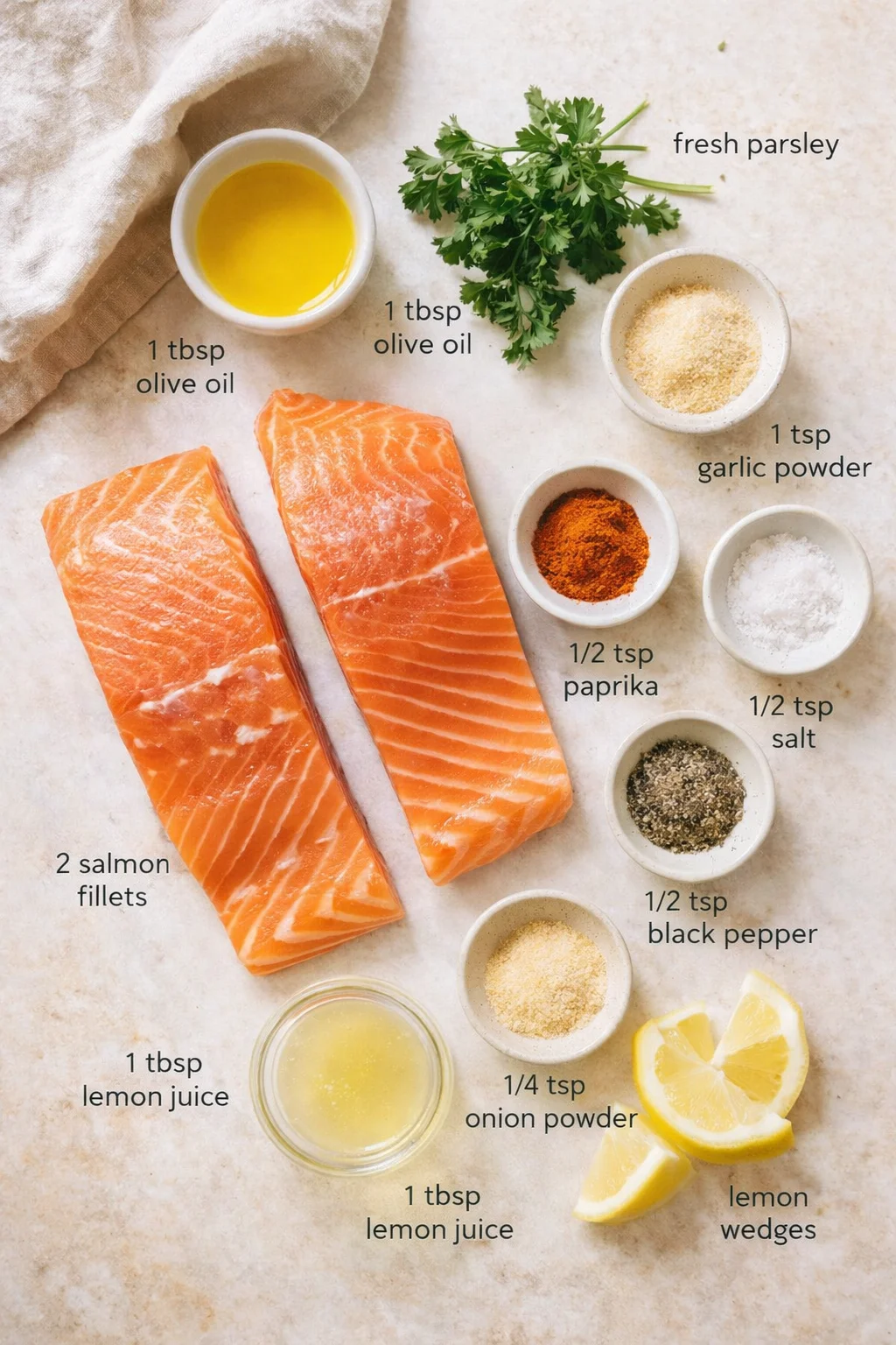 Two raw salmon fillets on a marble surface surrounded by olive oil, lemon wedges, parsley and spice bowls.