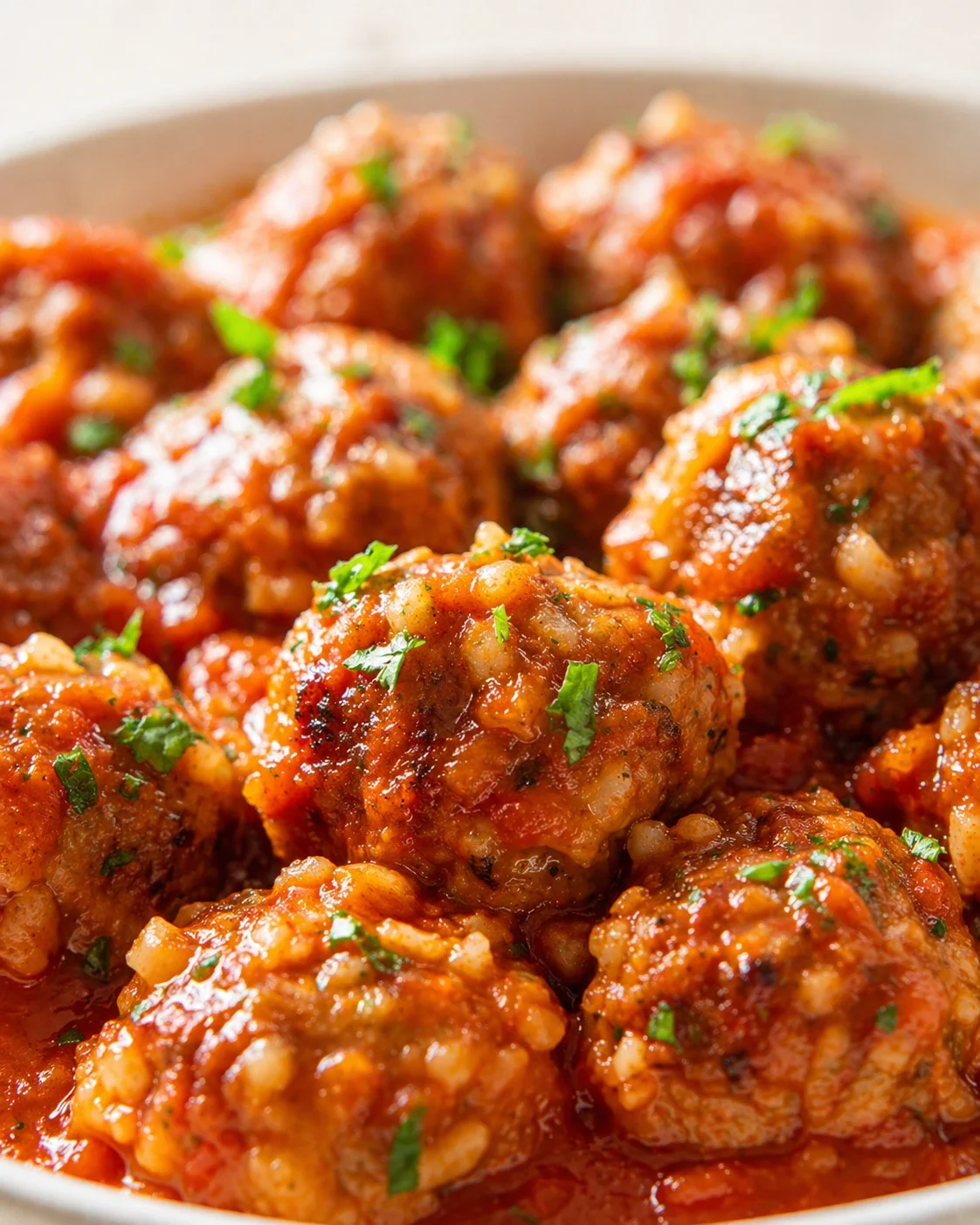 Close-up of glossy meatballs in tomato sauce, topped with chopped parsley