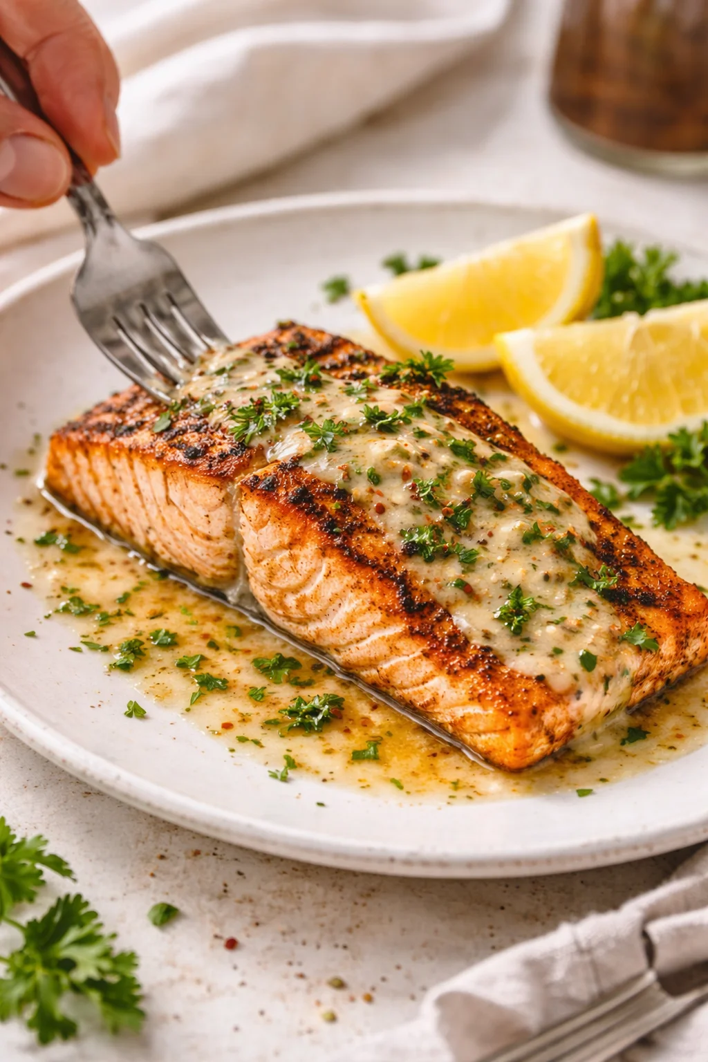 Seared salmon fillet with creamy herb sauce, lemon wedges, and parsley on a white plate.