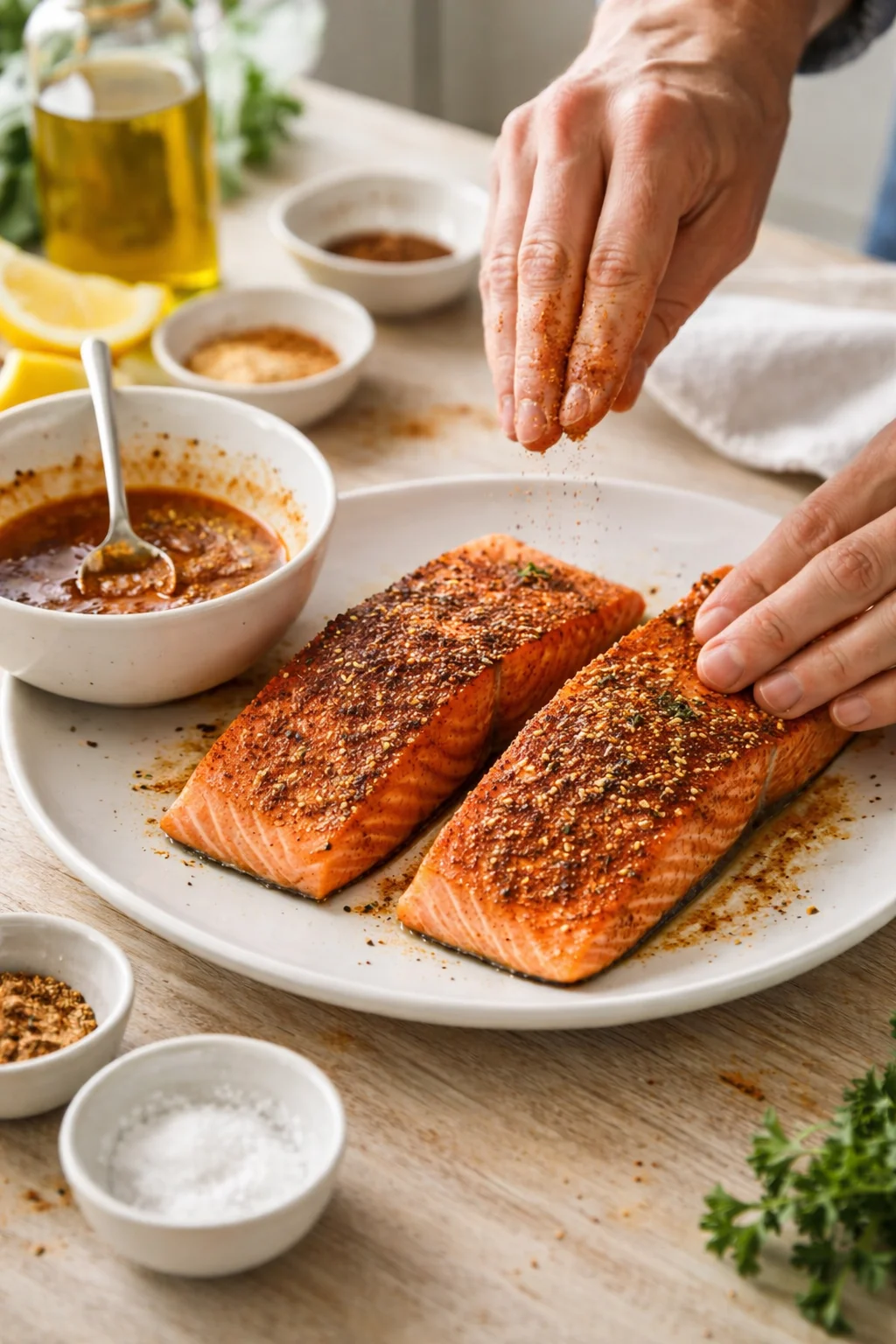 two salmon fillets on a white plate, hands sprinkling spice over them, sauce bowl nearby