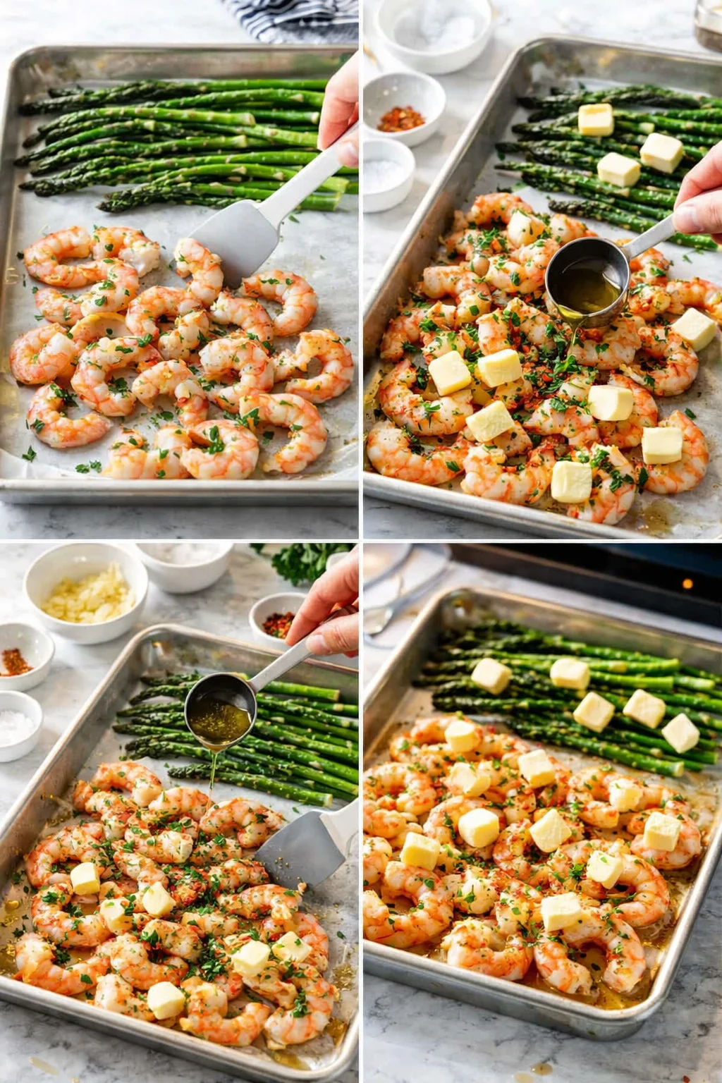 collage of four shots showing shrimp with asparagus on a baking sheet, butter cubes, and herbs