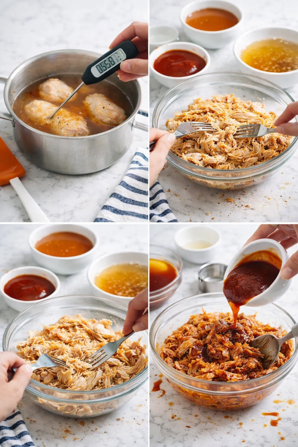 Collage of kitchen steps: poaching, shredding, and saucing shredded chicken in a bright kitchen.