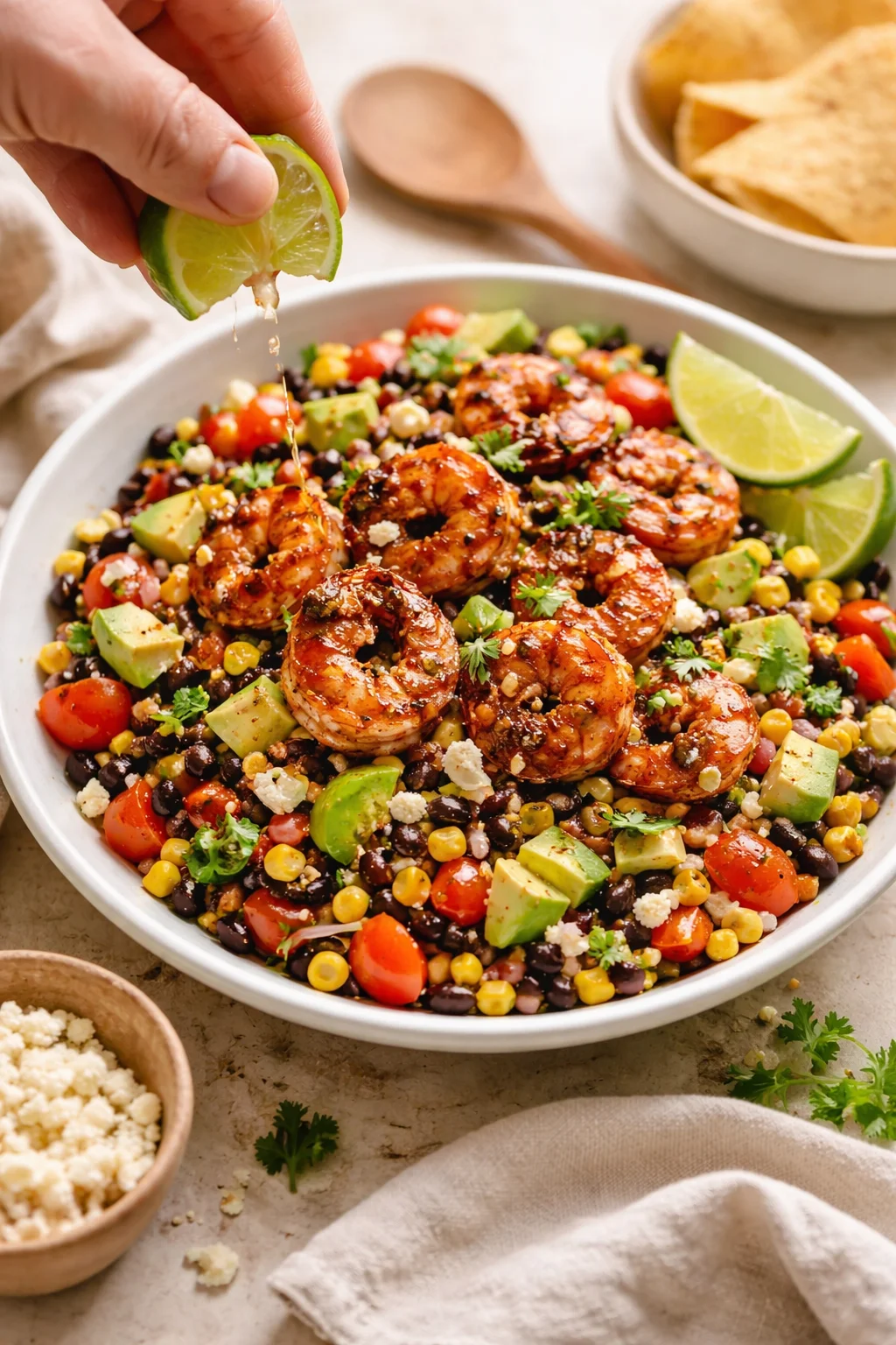 shrimp on black-bean corn salad with avocado, cherry tomatoes, and lime wedges