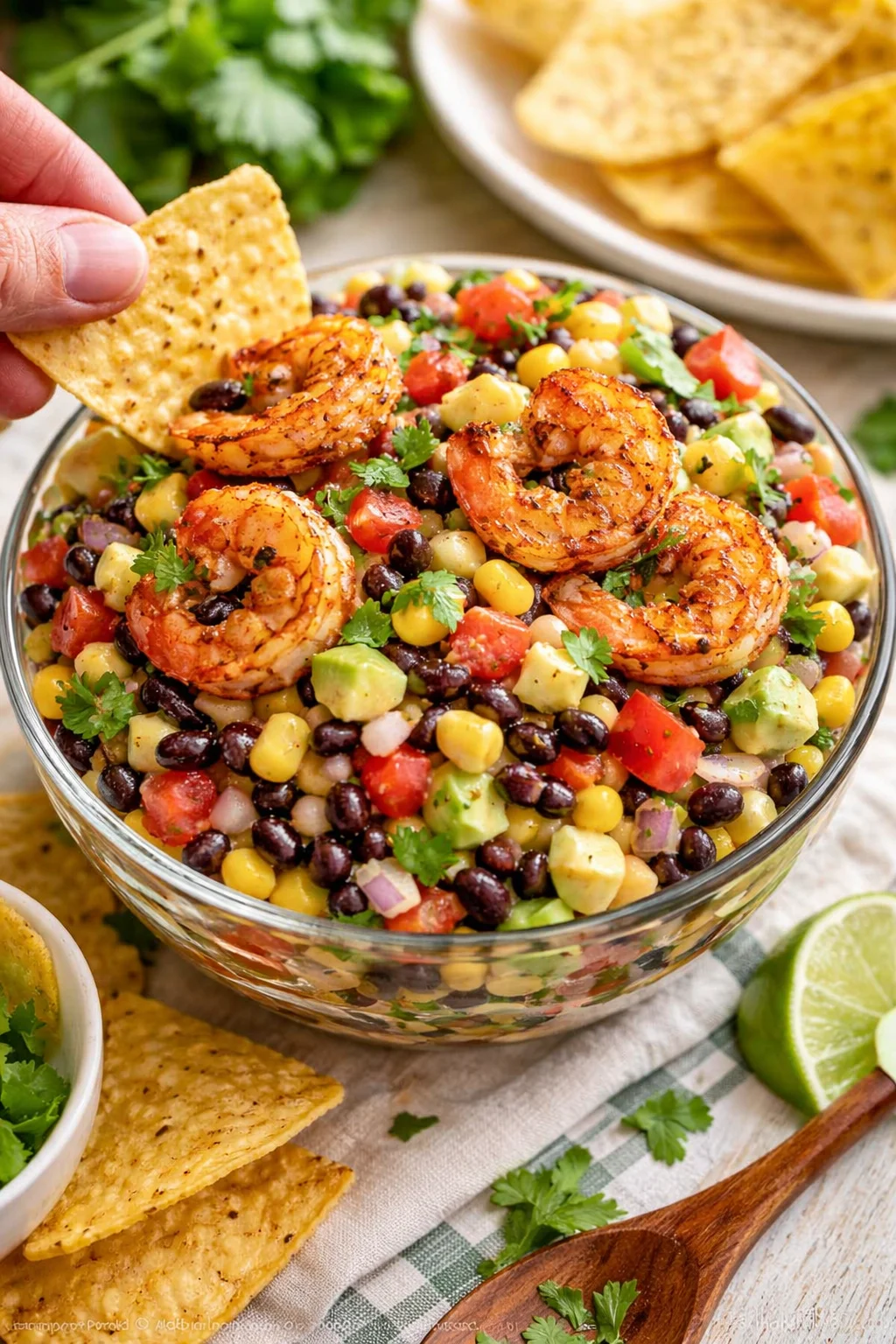 bowl of grilled shrimp over a colorful black bean and corn salad with avocado and tomatoes, tortilla chips nearby