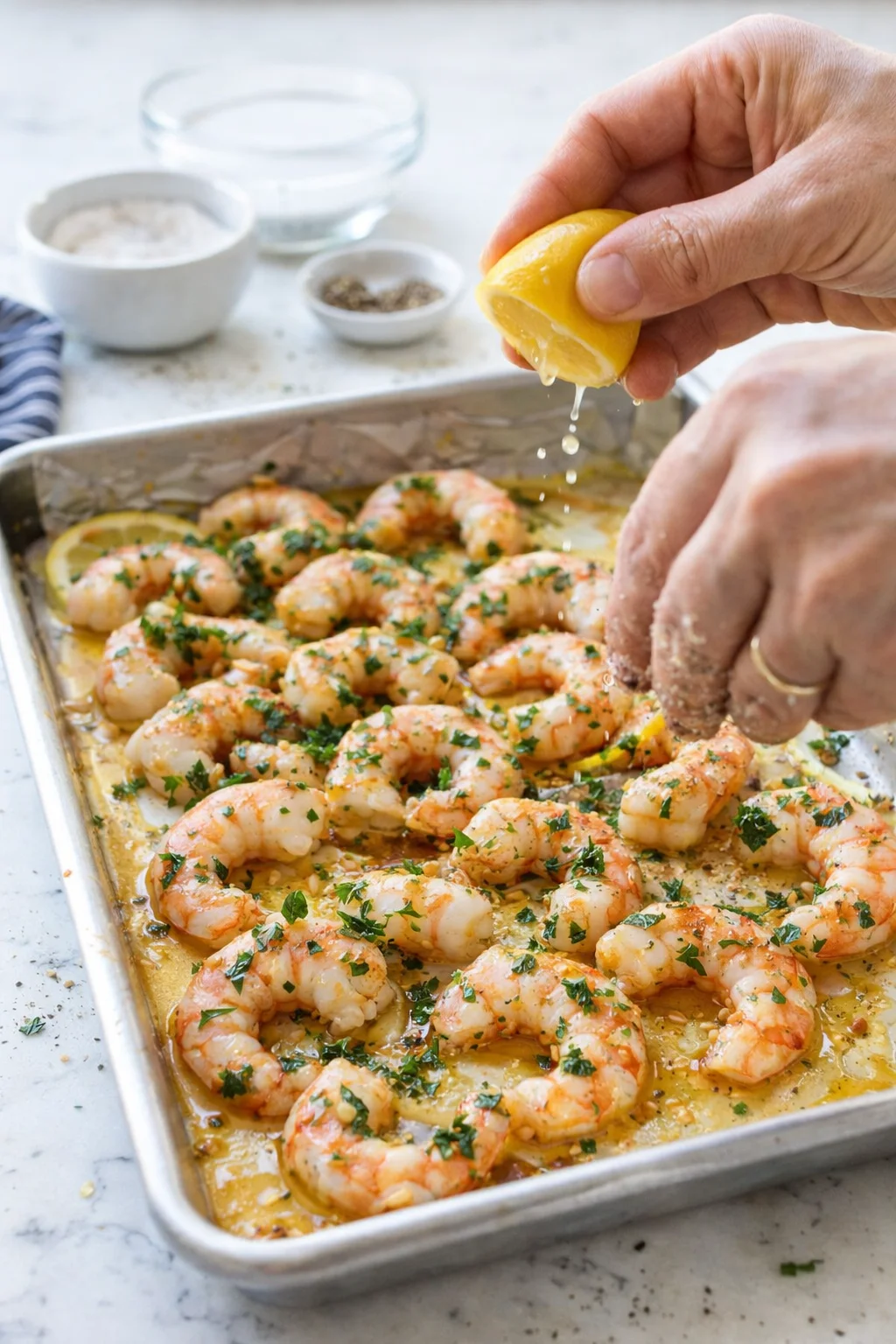 Hand squeezing lemon over a tray of shrimp in buttery lemon sauce, chopped parsley garnish.