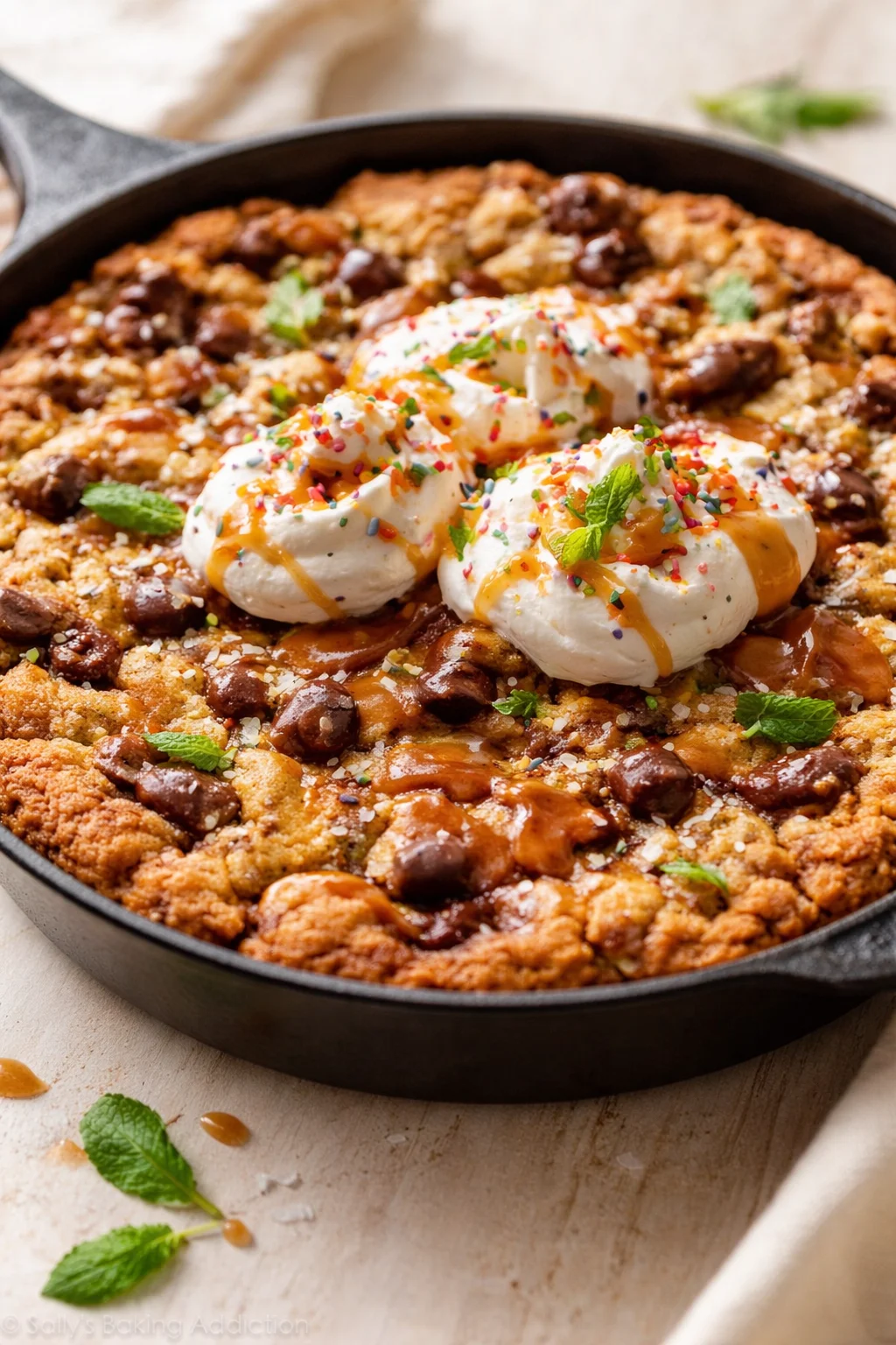 cast-iron skillet with golden cookie crumble topped with whipped cream, caramel drizzle, sprinkles, and mint