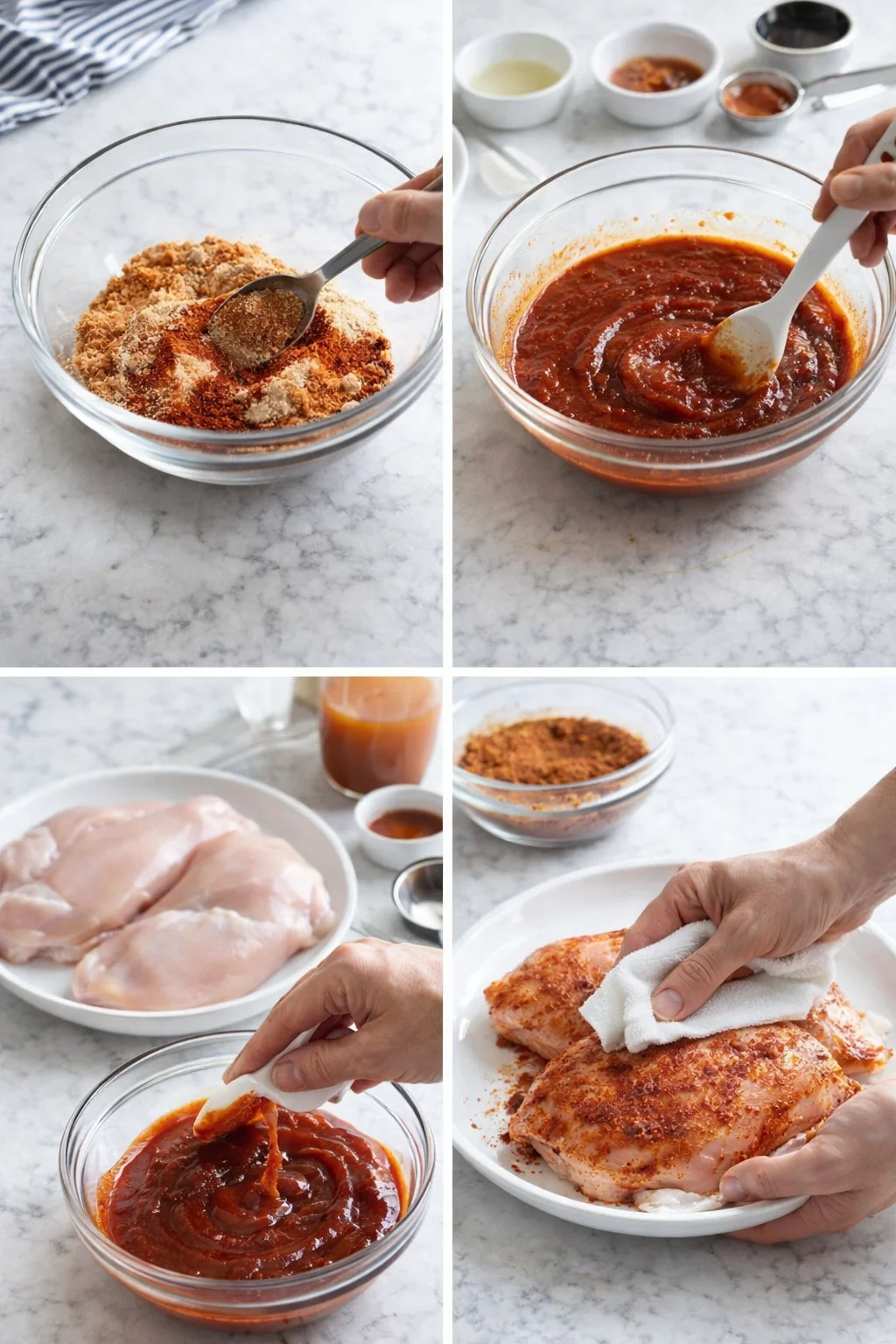 collage of hands preparing chicken with spice rub, sauce, and breading in glass bowls on marble surface