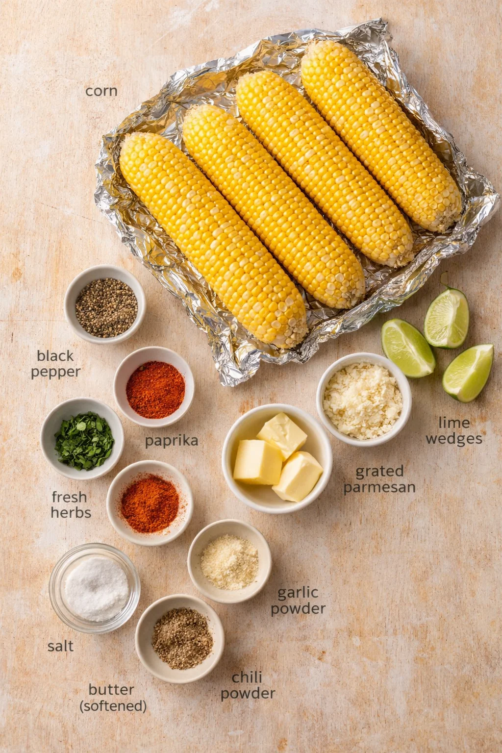 top-down view of four corn on the cob with spices and lime wedges on a wooden surface.