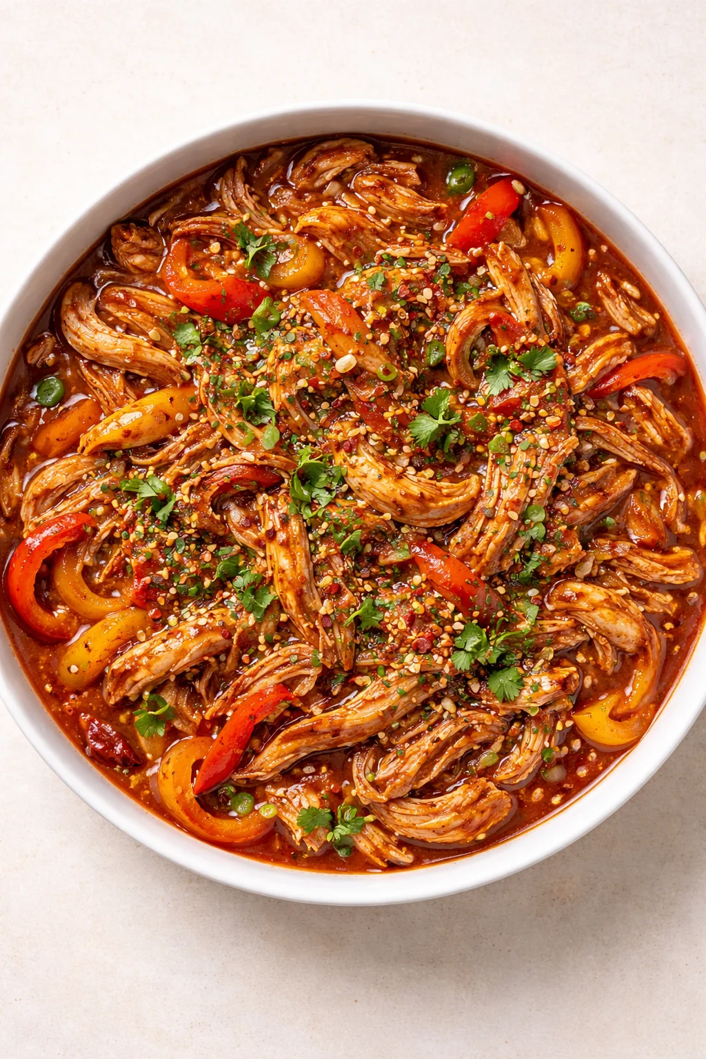 bowl of shredded chicken in a glossy red sauce with bell peppers, sesame seeds, and cilantro garnish