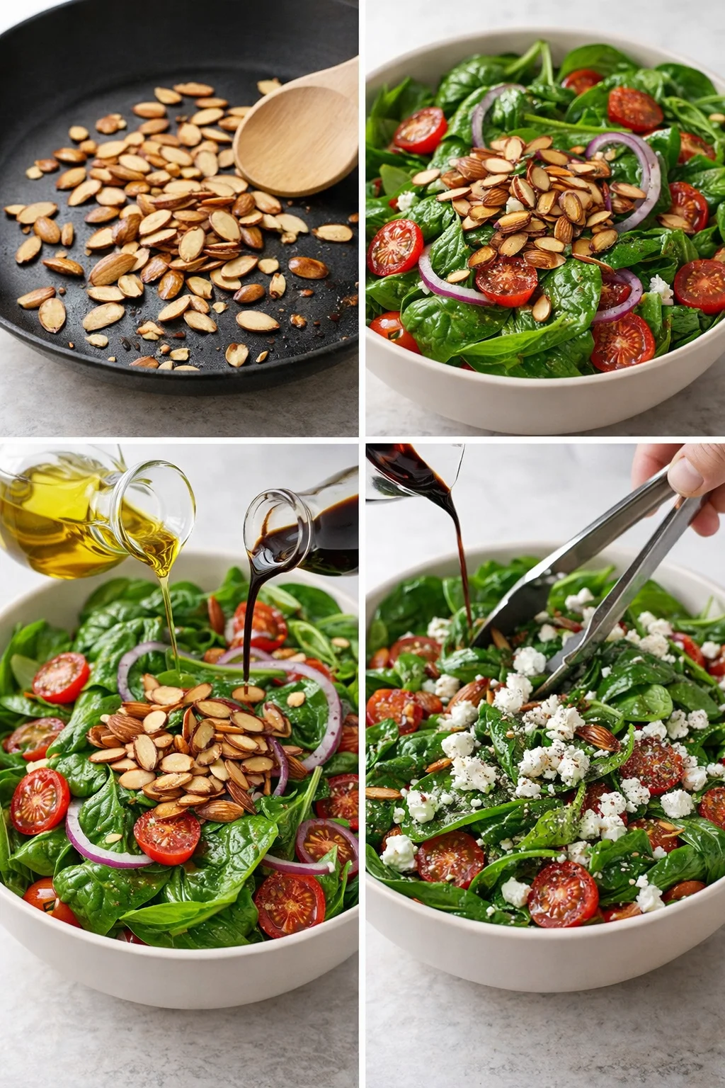 Collage of a spinach salad with almonds, tomatoes, onions, and feta, with olive oil and balsamic being poured.