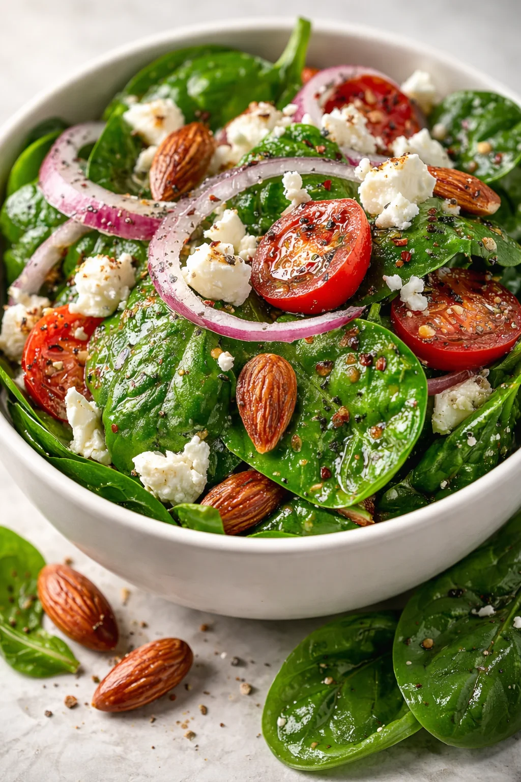 white bowl filled with spinach salad, tomatoes, red onion rings, feta crumbles, and almonds