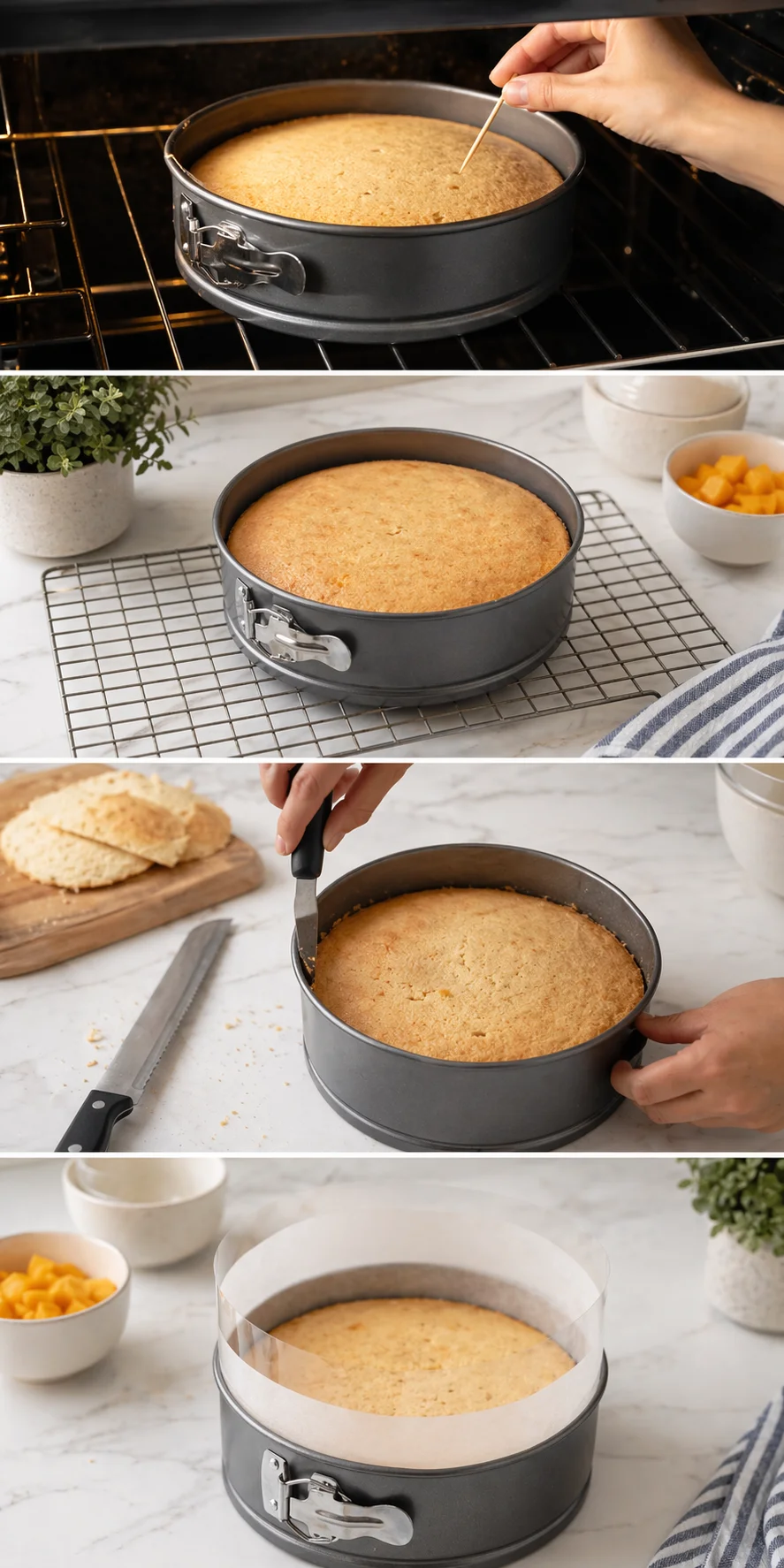 Four-panel collage of a cake baking process: toothpick test, cooling rack, and slicing.