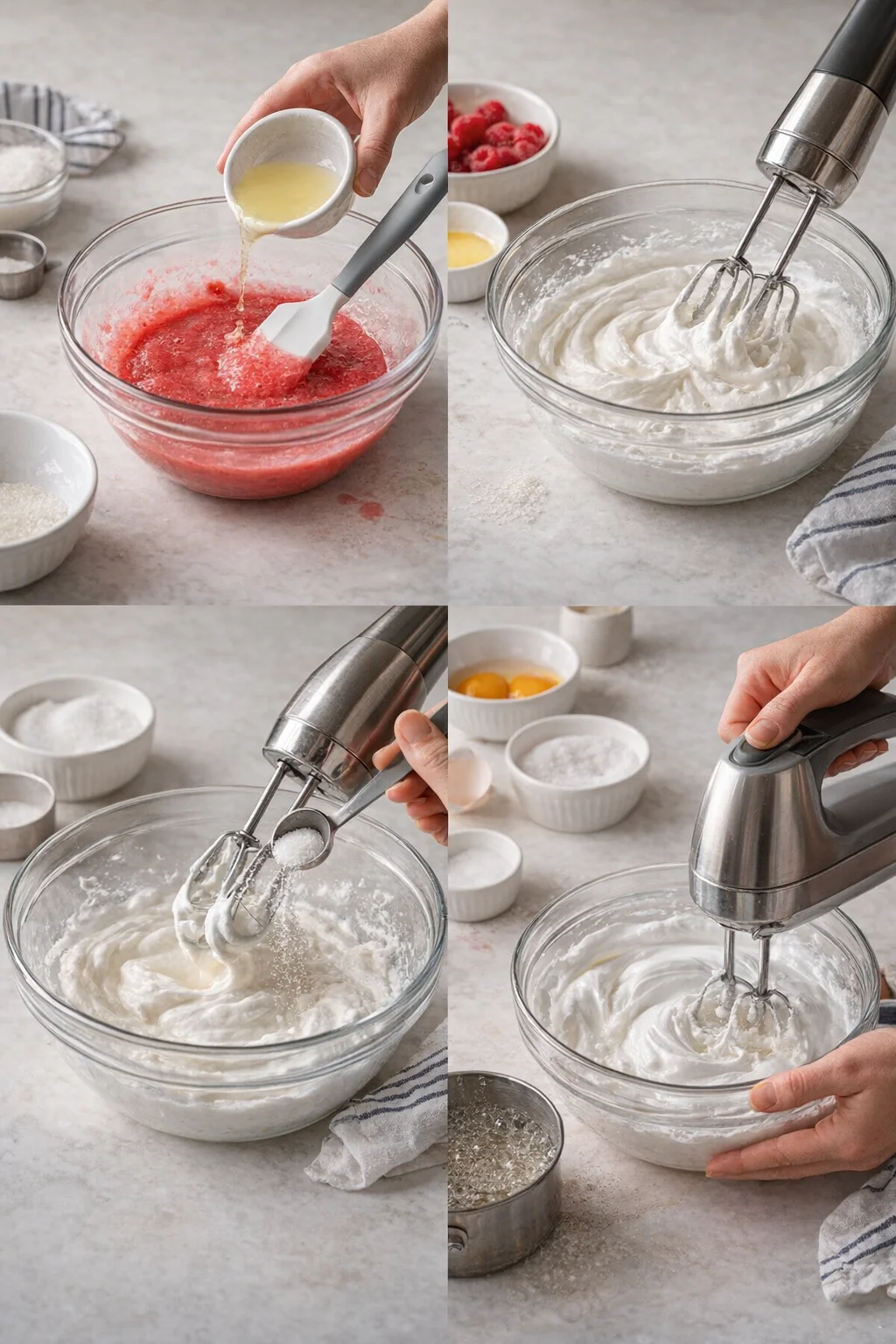 four-panel collage showing batter preparation and whipped cream with a mixer in a bright kitchen