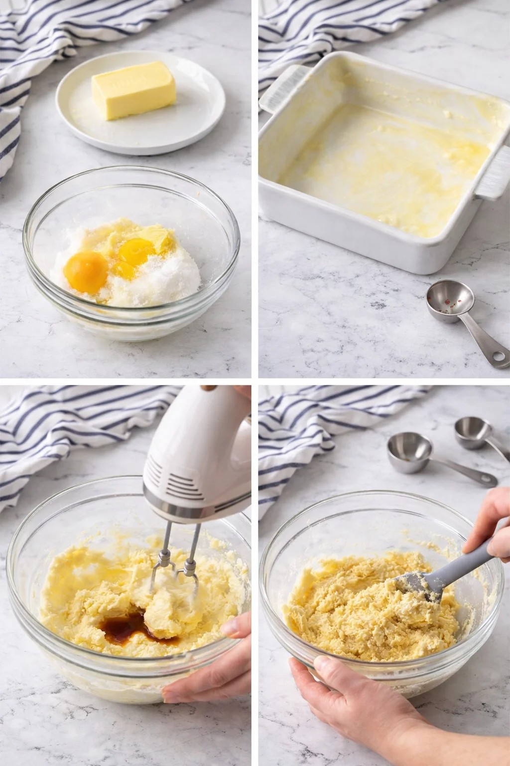 collage showing butter, eggs, sugar, and batter in a white baking dish on marble counter