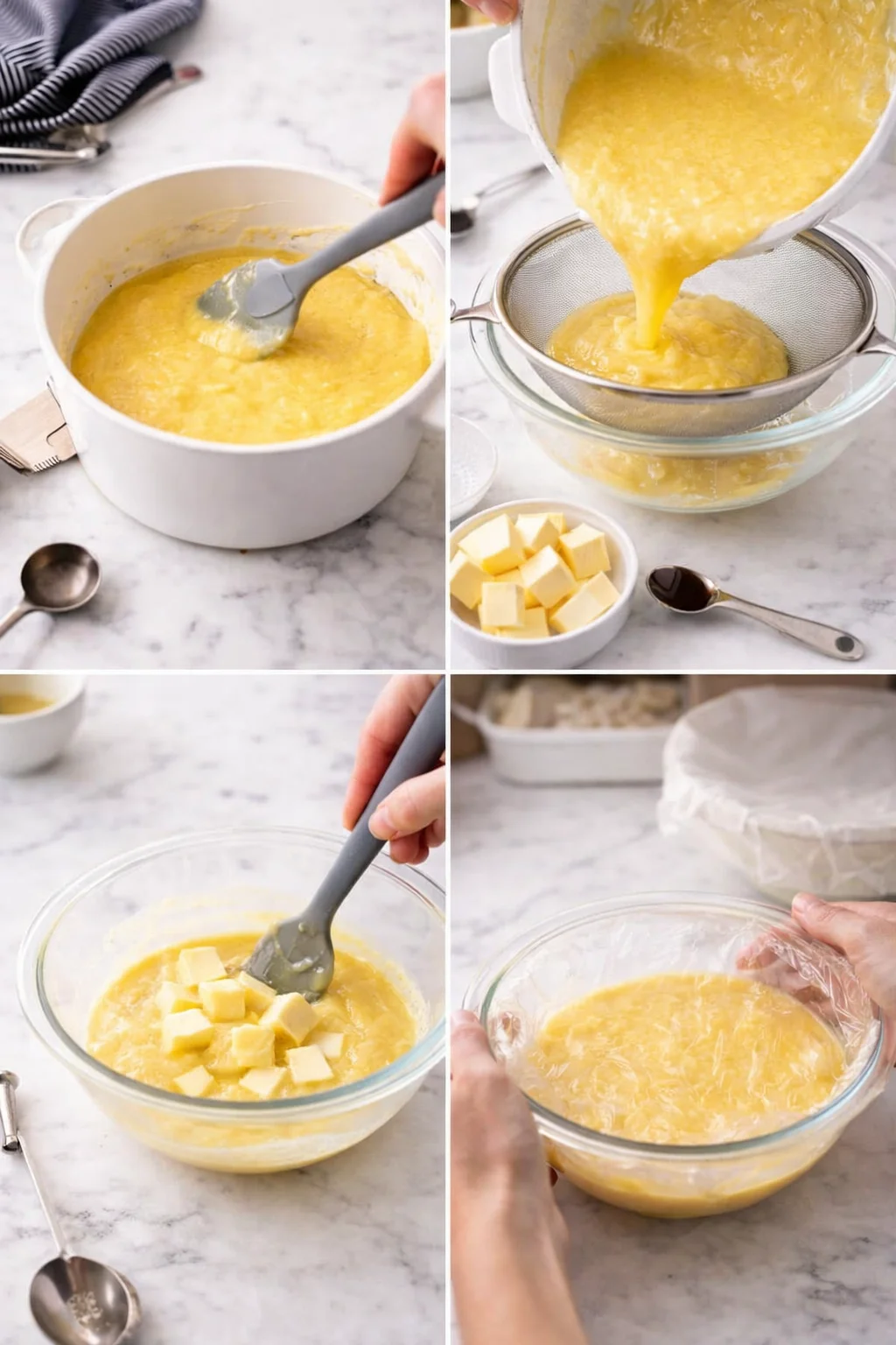 collage of batter being mixed, strained, and butter cubes added in white bowls