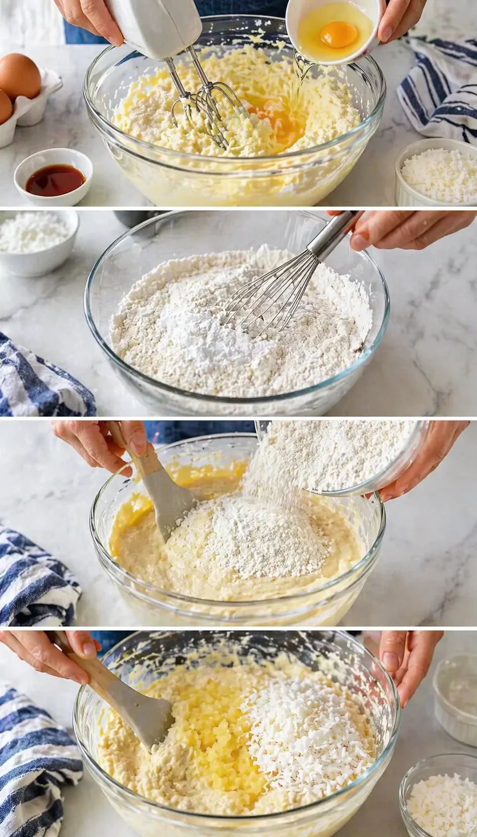 Five-panel collage showing batter preparation from creaming butter and eggs to adding flour.