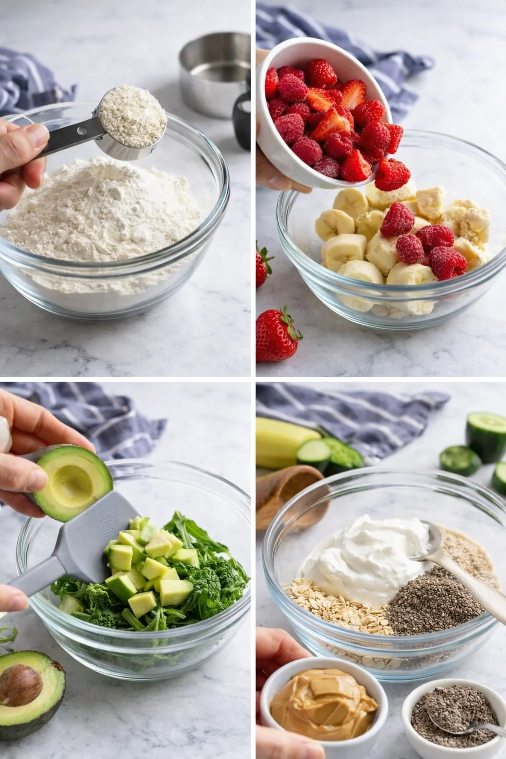Collage of ingredients for a healthy bowl: flour, berries, avocado, greens, oats, and yogurt.