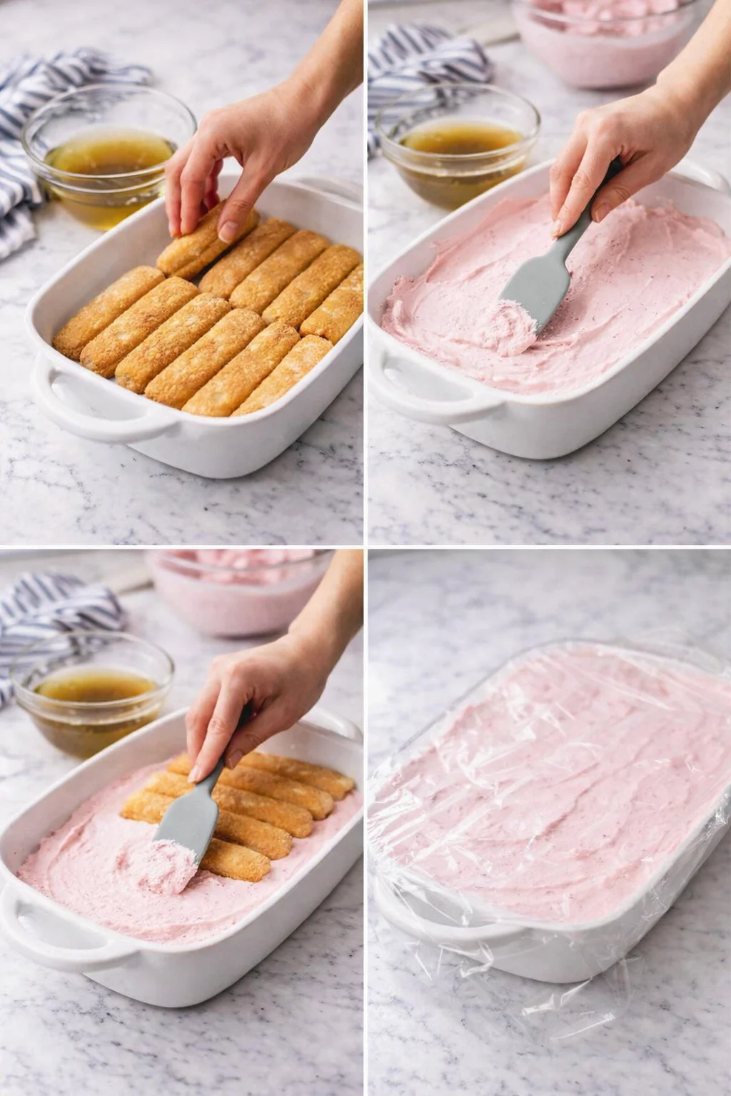 Four-panel collage of hands arranging ladyfingers, spreading pink frosting, and covering the dish in a white baking dish.