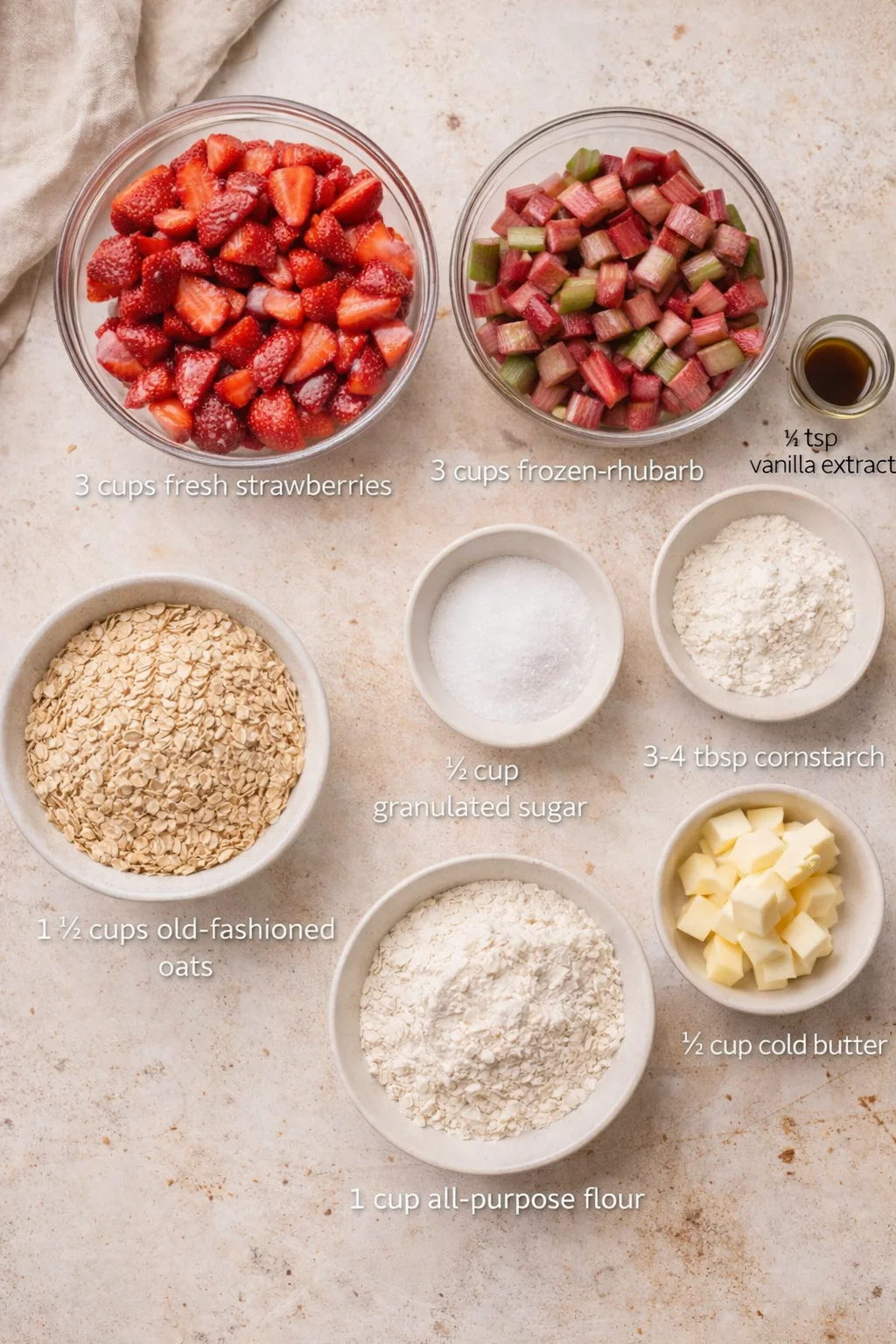 Top-down view of bowls with strawberries, rhubarb, oats, flour, sugar, cornstarch, butter, and vanilla