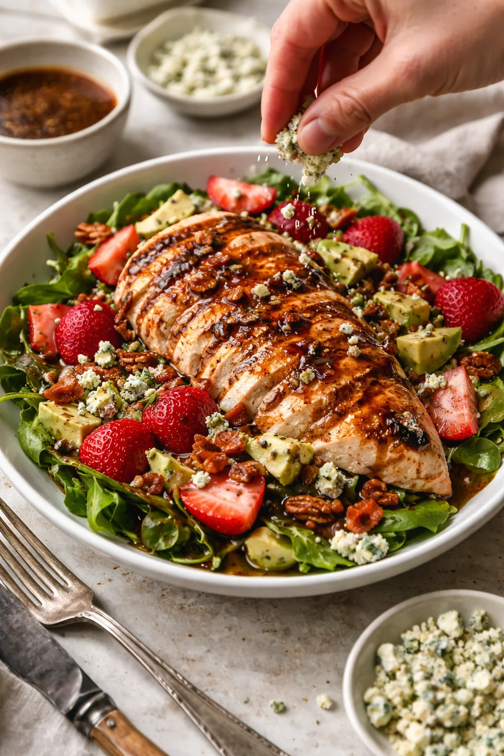 Glazed chicken breast atop greens with strawberries, avocado, pecans, and blue cheese crumbles.