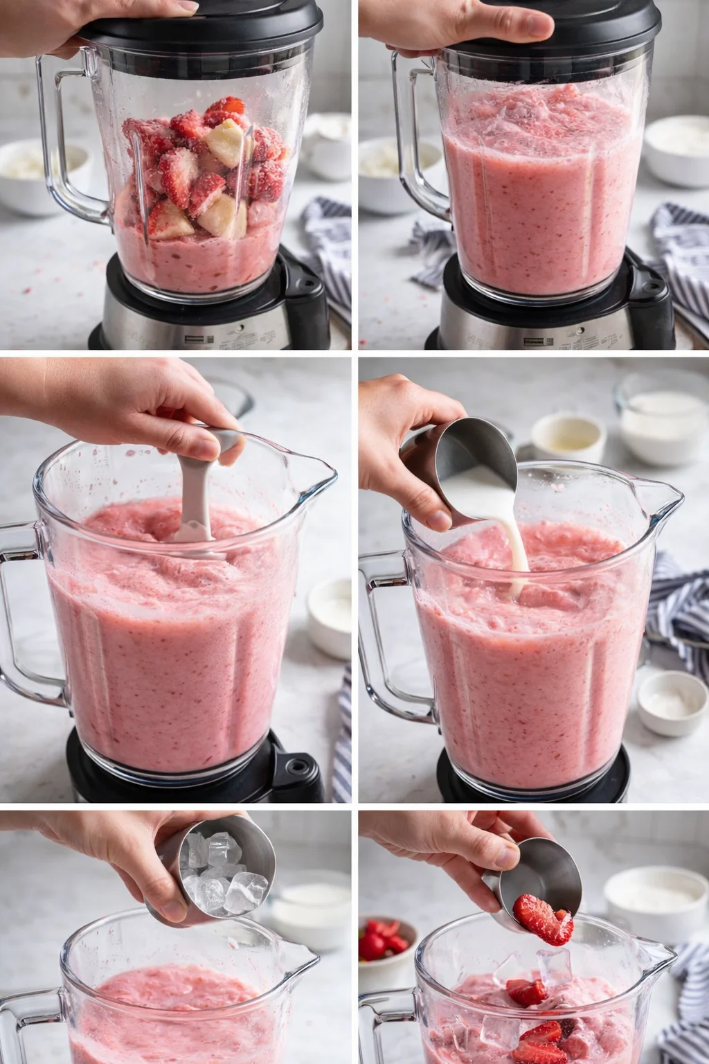 Series of blender steps showing a strawberry-banana smoothie being prepared on a kitchen counter.