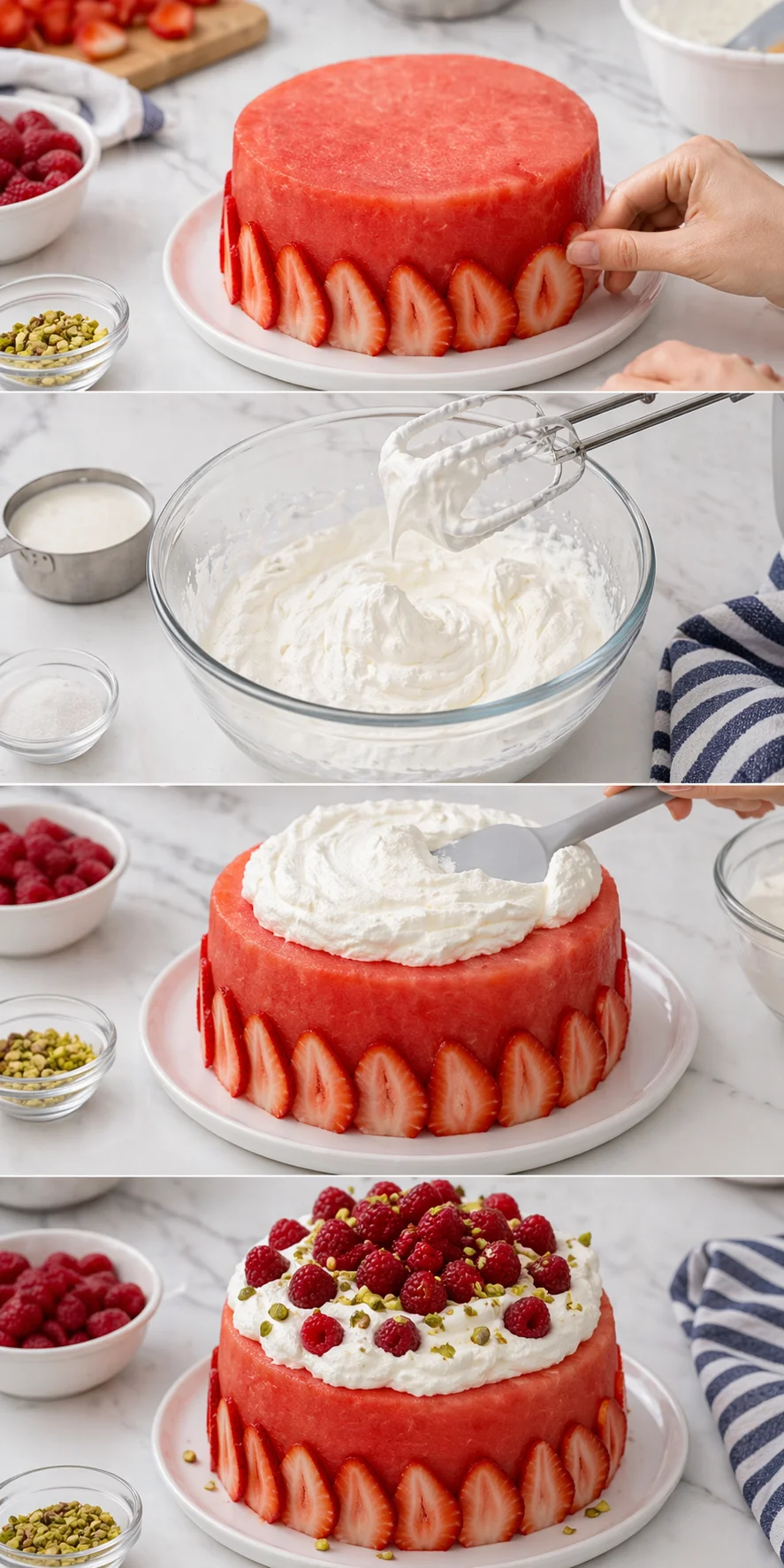 Four-panel collage showing a strawberry cake being decorated with whipped cream and berries.