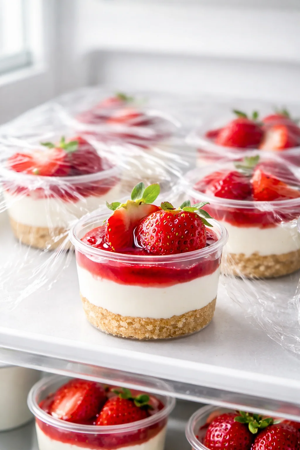 Mini strawberry cheesecake cups with graham crust, creamy filling, and strawberry topping.