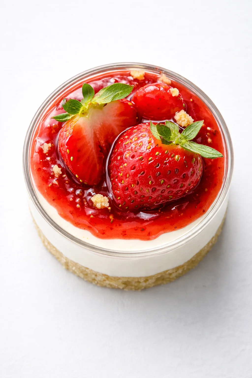 glass jar layered strawberry cheesecake with white cream, red glaze, and fresh strawberries