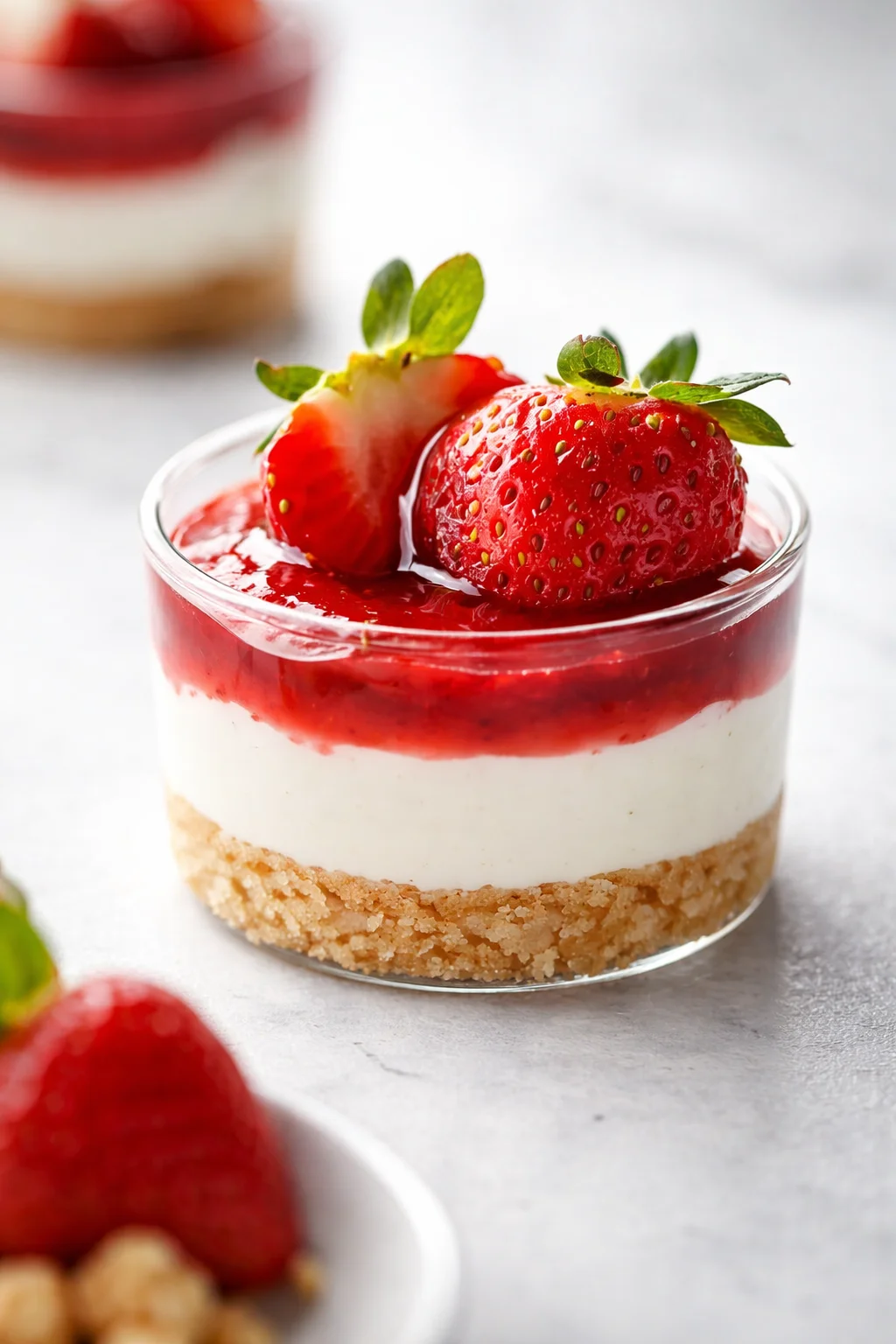 glass dessert cup with crumb crust, white cream, and glossy strawberry topping.