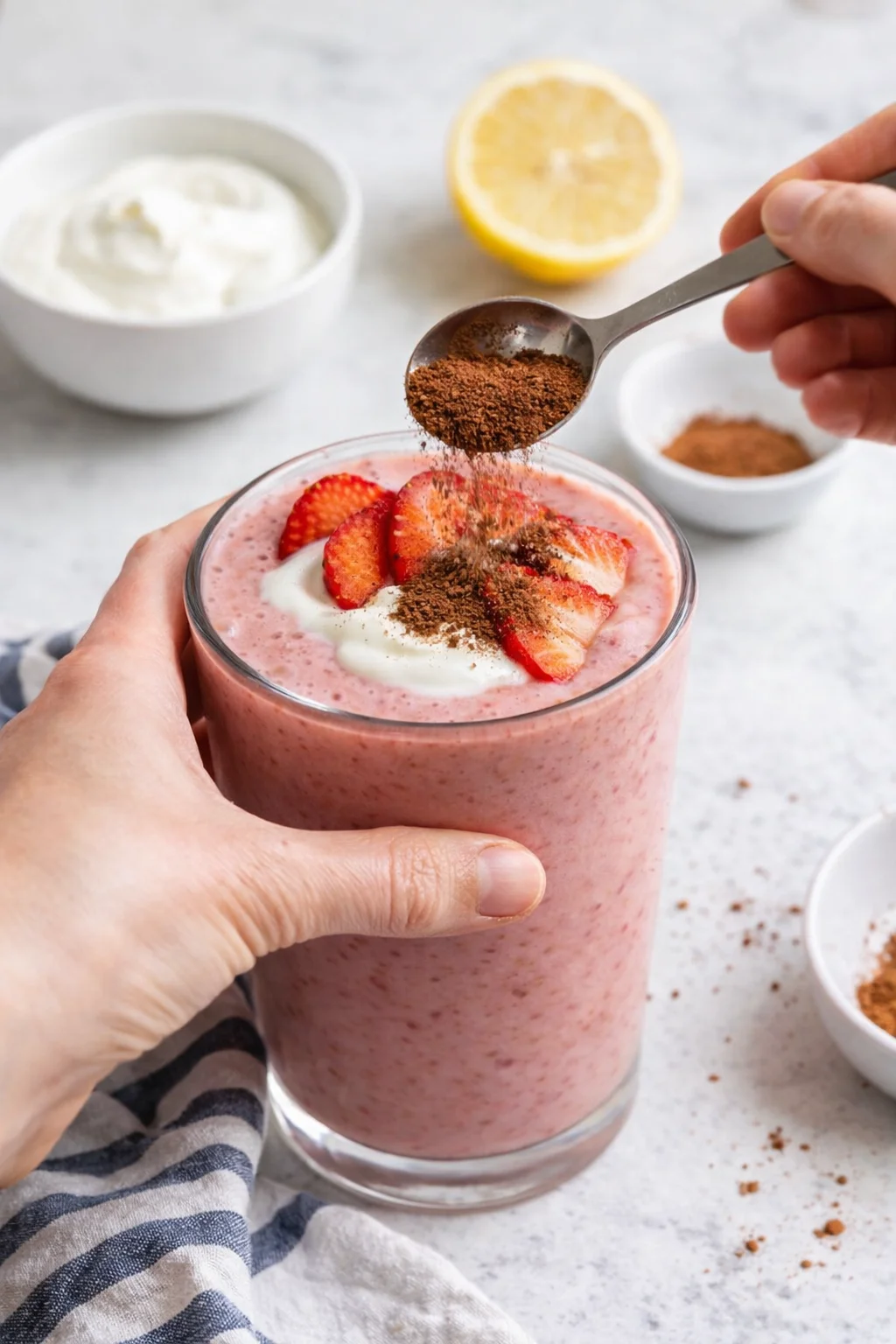 Pink strawberry smoothie in a glass topped with whipped cream and sliced strawberries, cinnamon sprinkled.