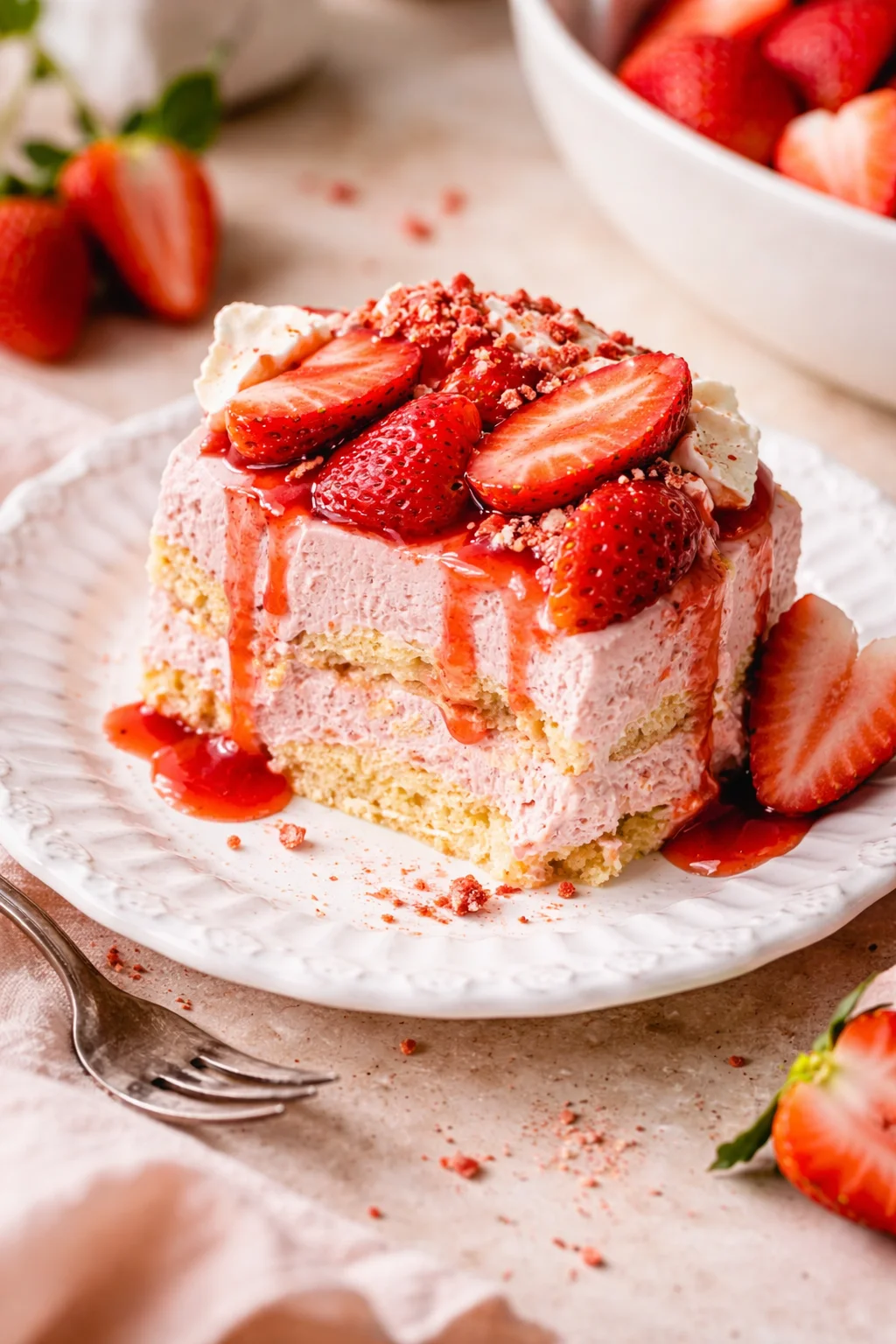 Finished strawberry-cream cake with fresh strawberry slices on a white plate, glossy glaze, and pink frosting