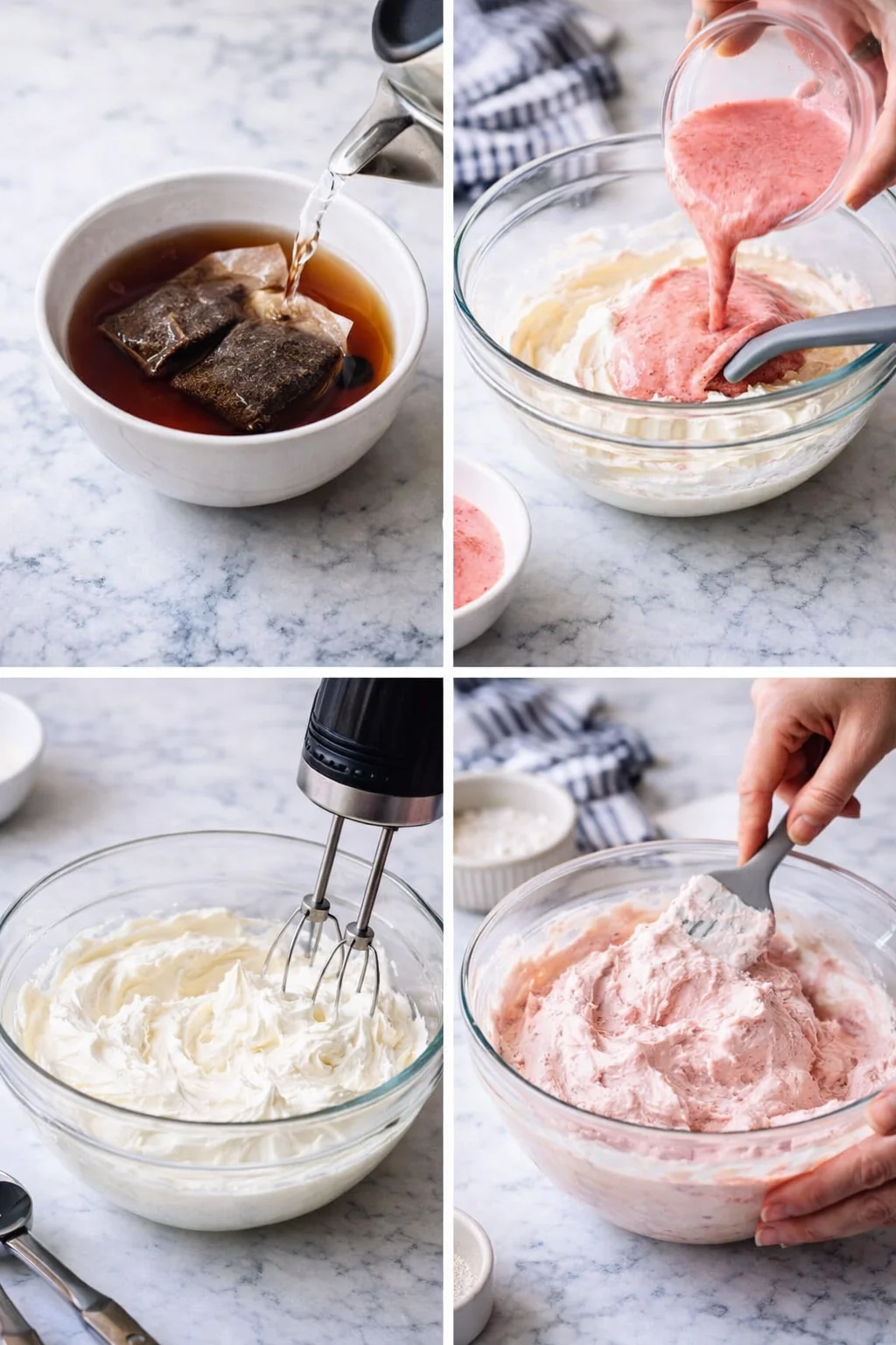 Four-panel collage showing tea infusion, pink strawberry mixture into whipped cream, whisking in bowl.