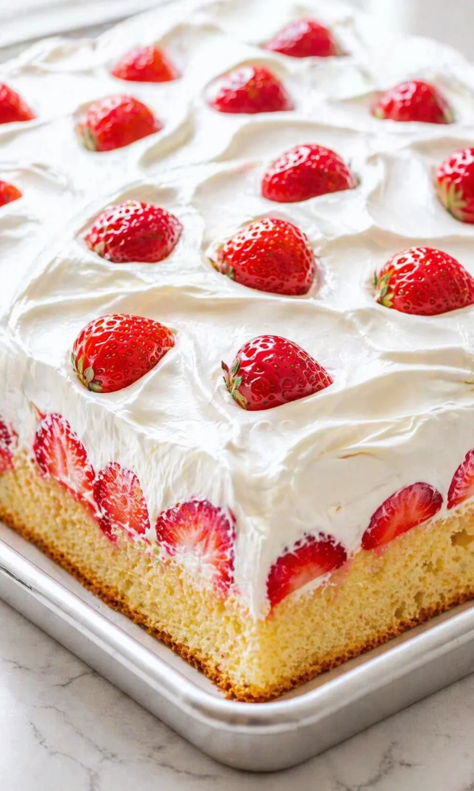 rectangular cake in a metal pan, with thick white frosting and whole strawberries on top.